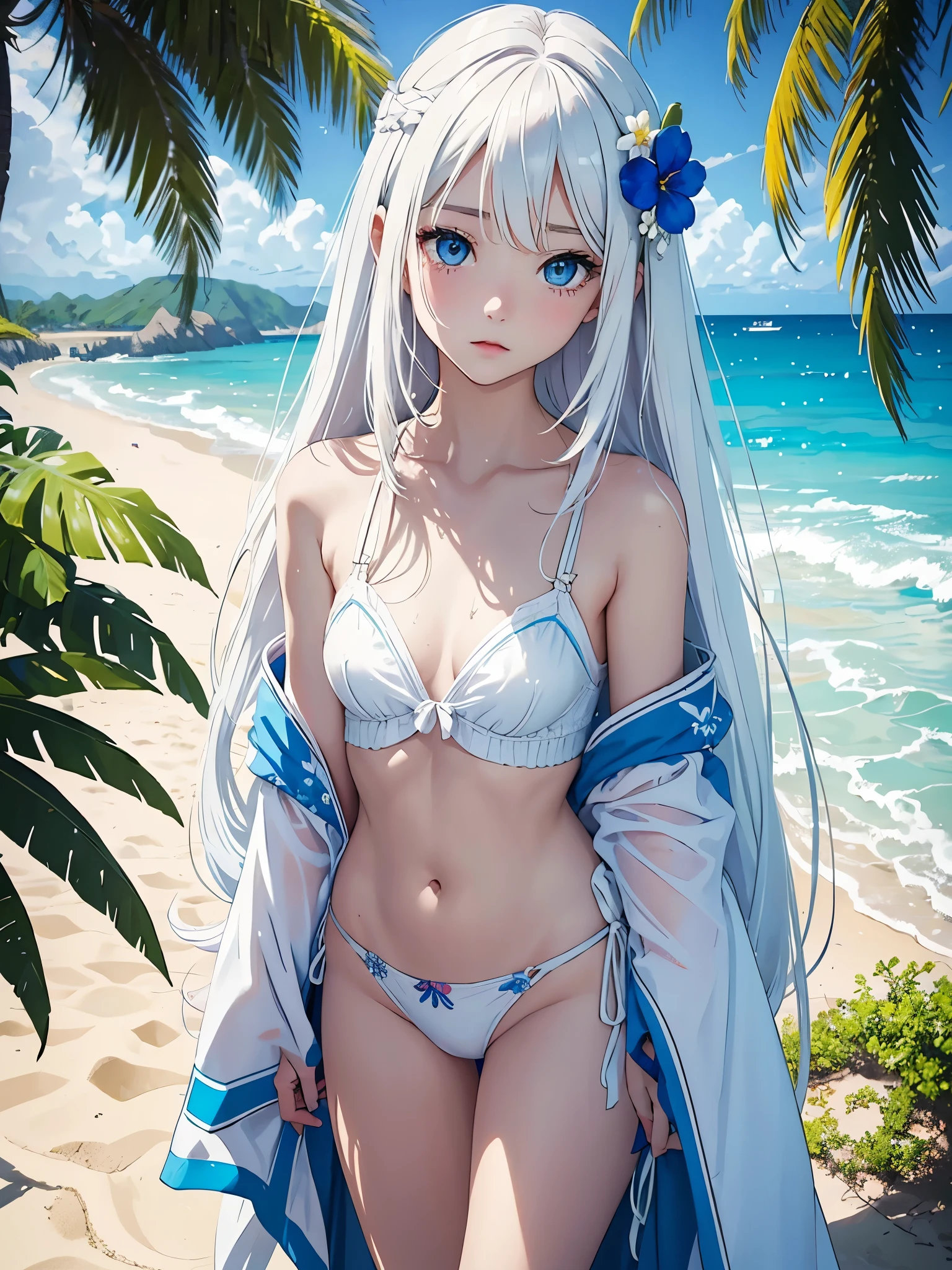 Create digital artwork in pop art style、ディテールが施されたlong white hairの女の子が特徴です、White skin and beautiful appearance、long white hair、Blue eyes、Wet hair、((teens girl、))、Wet underwear、sandbeach、beach side、Street fashion、Movie color schemes、Surrounded by vintage floral motifs、Vivid brush strokes、Emotions must be dynamic、Upper body、Drawing、Illustration、grayscales、Tropical、Many flowers、