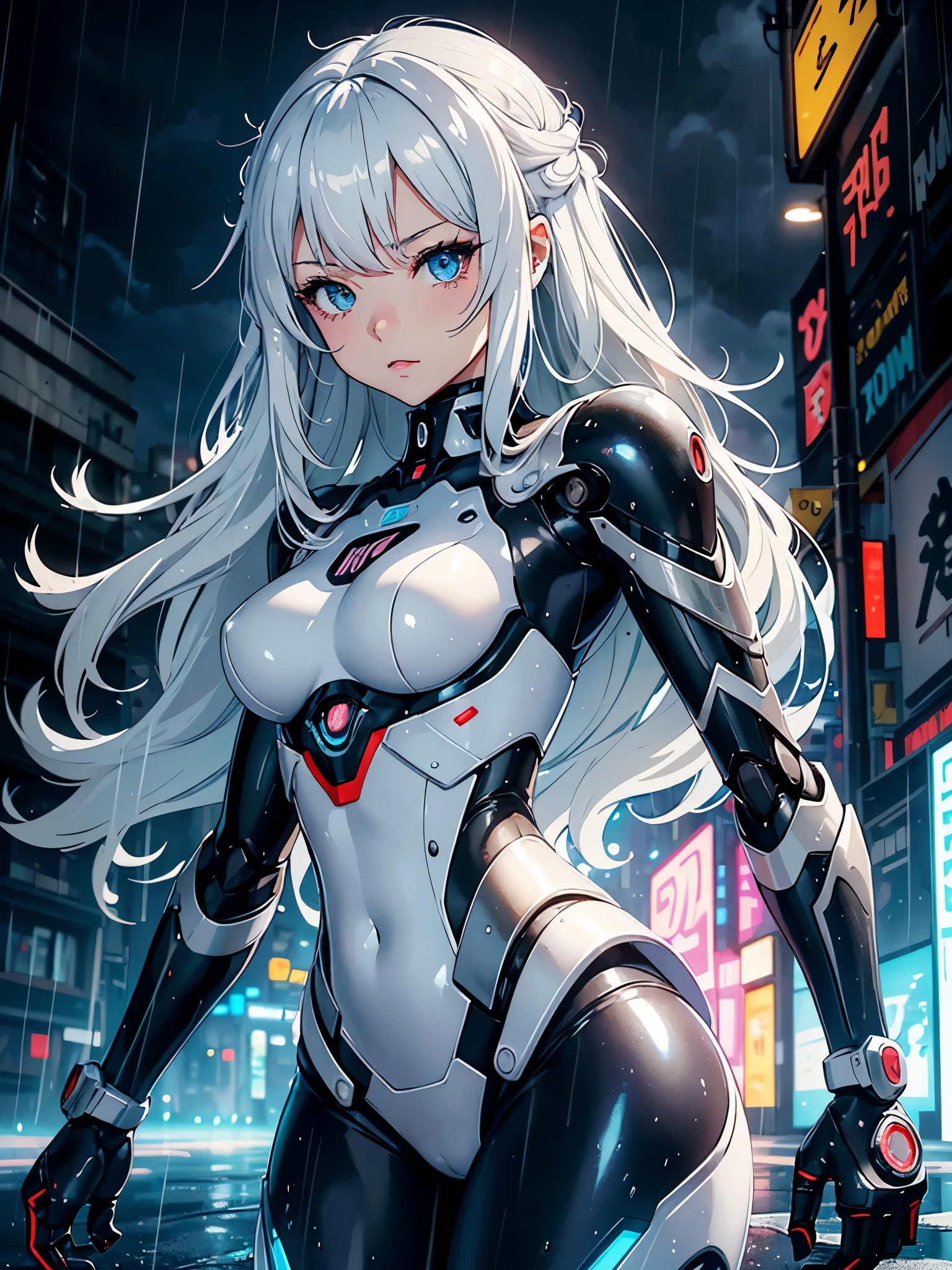 Create digital artwork in pop art style、ディテールが施された白くmecha clothesの女の子が特徴です、White skin and beautiful appearance、white wavy hair、Wet hair、((teens girl、12 year old))、Red eyes、flat-chest、mecha clothes、(Robot Girl)、Silver Bodysuit、Silver Dragon Armor、dynamicposes、Laughing、cyberpunkcity、(Lightning Effects)、Street fashion、Movie color schemes、Surrounded by vintage rain motifs、Vivid brush strokes、Emotions must be dynamic、Upper body、Drawing、Illustration、grayscales、Tropical、a lot of rain、