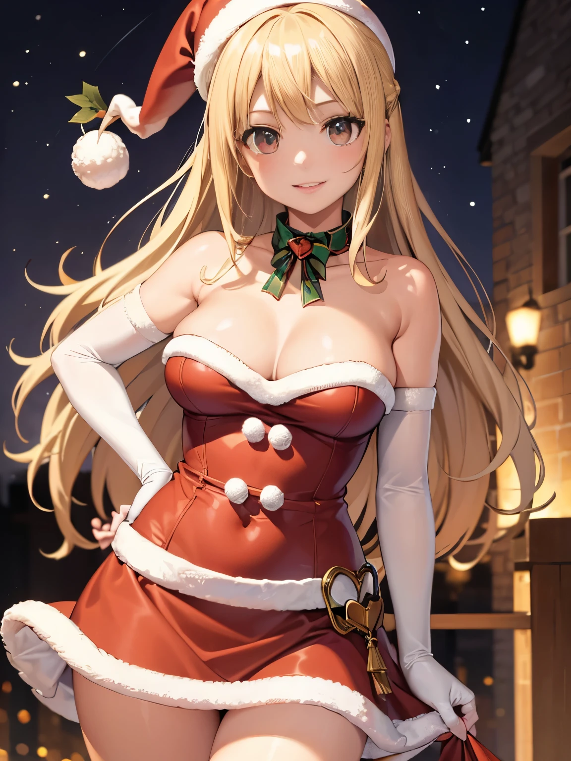1girl, solo, masterpiece, best quality, high res, highly detailed, (illustration), beautiful detailed eyes, Lucy_Heartfilia, blonde hair, long hair, brown eyes ,glossy lips, makeup, smile, long white satin elbow gloves, cowboy shot, (santa), red santa dress, santa hat, strapless dress
