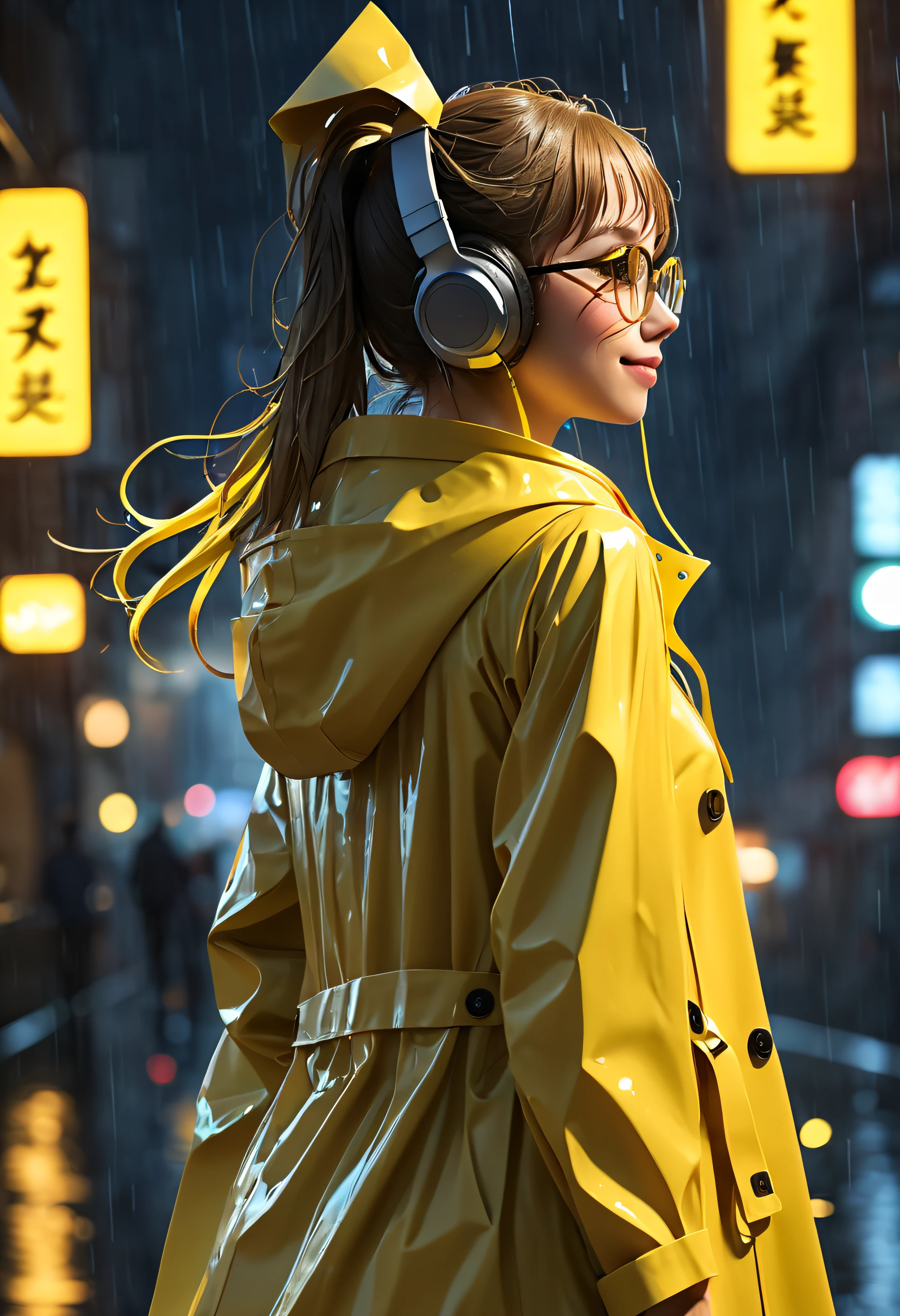 ((from behind)), Upper body, 1 beautiful girl, long hair in a ponytail,, bangs, eyeglasses, Naughty smile, Over-ear headphones, slim waist, natural small breast, stand solemnly, (rain coat, clear, Very large size, yellow:1.5), backlit, silhouette, city, night light, anime, ultra highres, high-detail