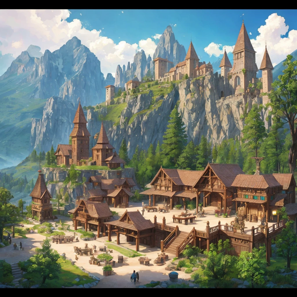austere fantasy mountain rivers ancient detailed plaza center town hall poor medieval