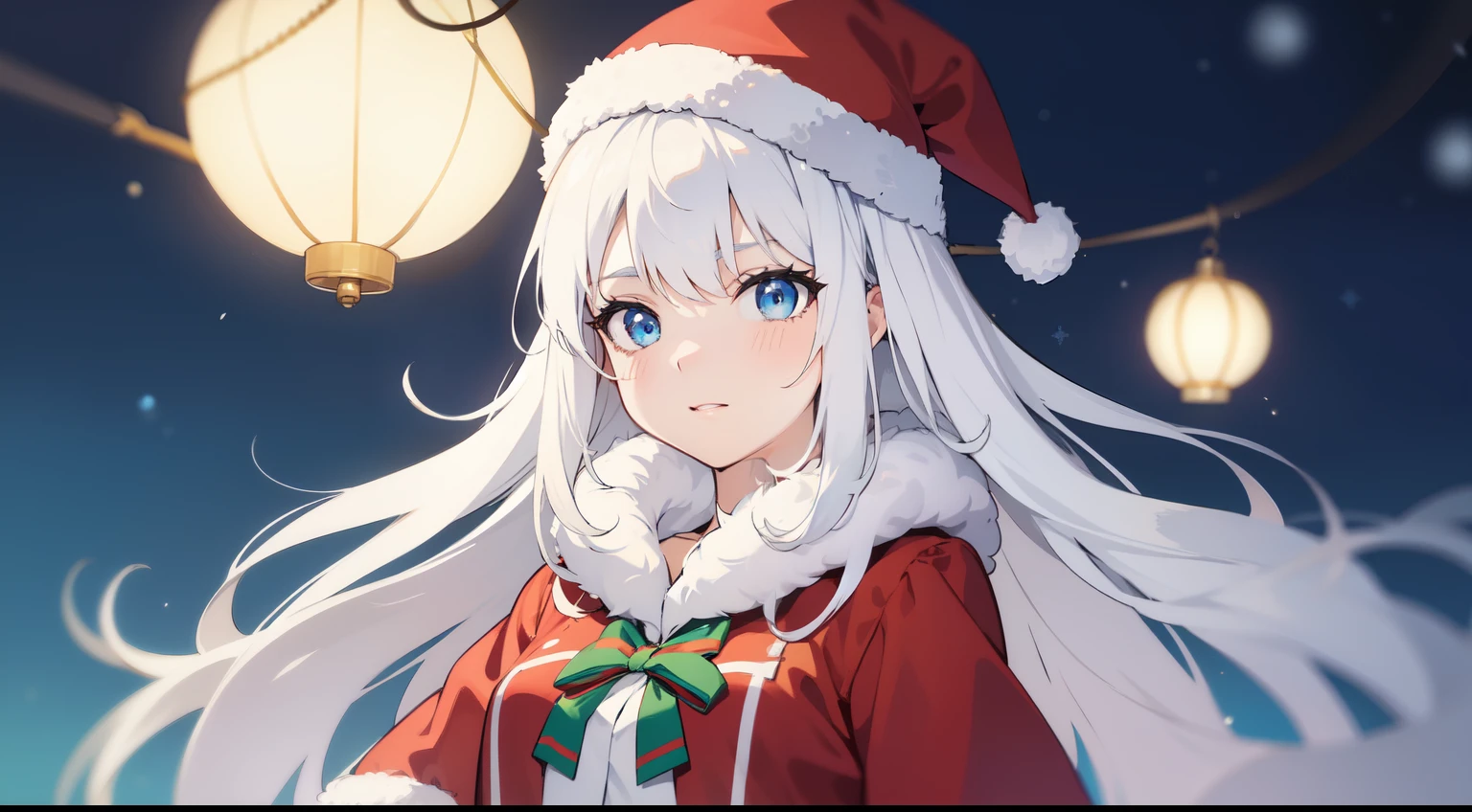 A girl dressed in a Christmas costume, white hair, blue eyes, 2D anime