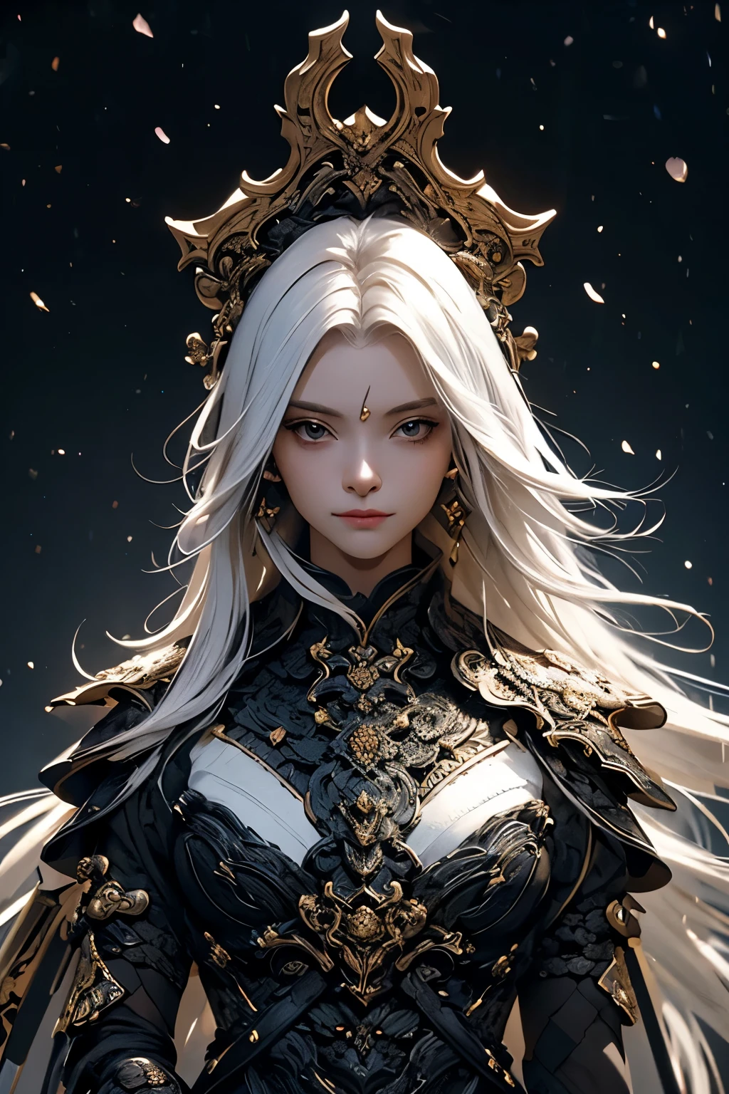 A beautiful white haired girl, a katana sword, wearing ebonheart "heavily ornated" dark black full body armor. intricate details, masterpiece, masterpiece, rembrandt lighting, ultra high res, intricate details, nature light, film grain, dreamlike, perfect anatomy, best shadow, delicate, RAW>, pleasured expression, spotless face, perfect face, detailed eyes, intricate detail, detailed face, temple background, [bad anatomy], [bad hands], [missing fingers], [poorly drawn hands], [poorly drawn face], [deformed], [extra arm] [fused fingers], [too many fingers], [long neck],[bad proportions],