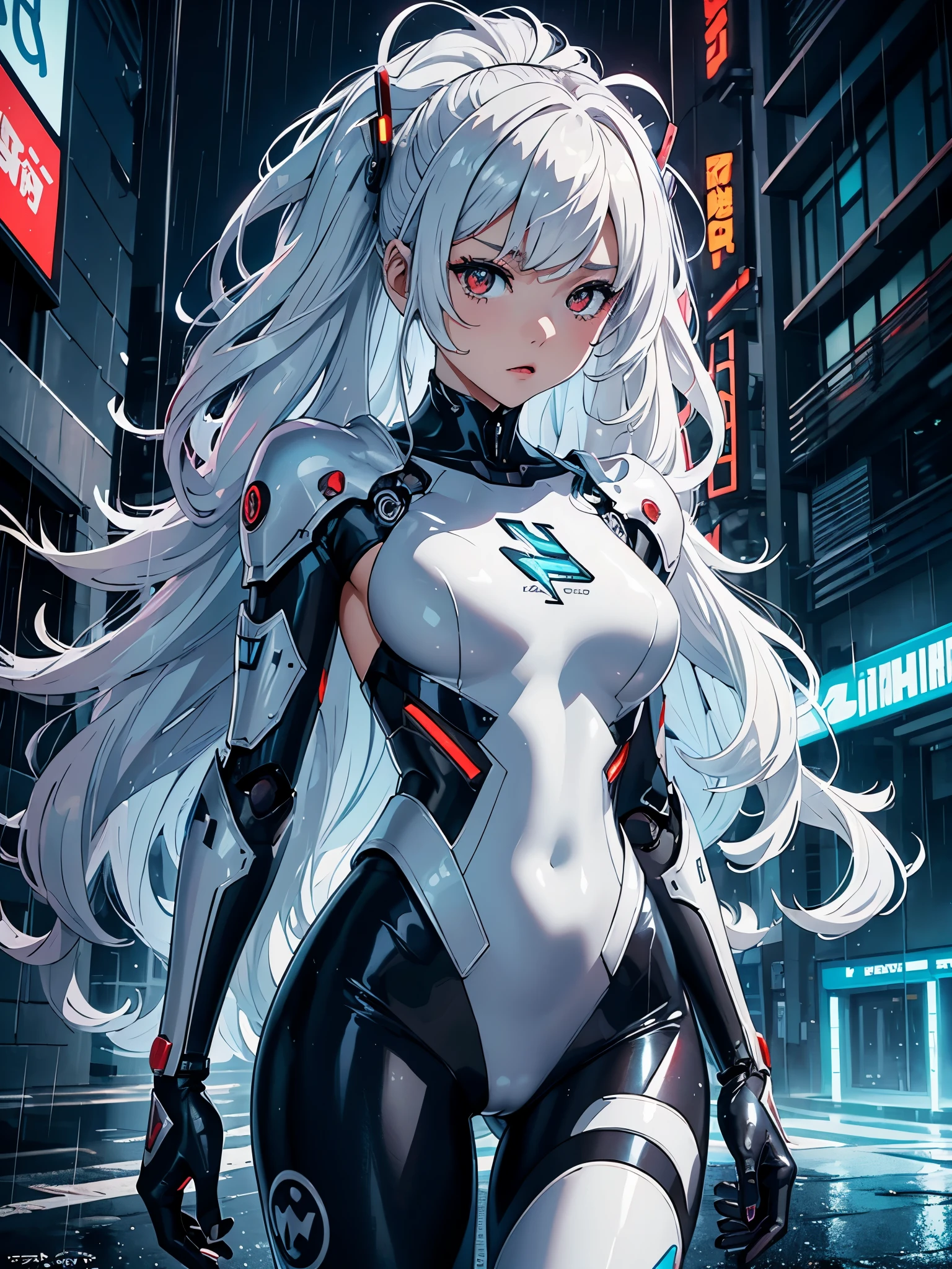 Create digital artwork in pop art style、ディテールが施されたwhite wavy hairの女の子が特徴です、((teens girl、12 year old))、White skin and beautiful appearance、white wavy hair、Wet hair、Red eyes、((flat-chest))、mecha clothes、(Robot Girl)、Silver Bodysuit、Silver Dragon Armor、In dynamic poses、Laughing、cyberpunkcity、(Lightning Effects)、Street fashion、Movie color schemes、Surrounded by vintage rain motifs、Vivid brush strokes、Emotions must be dynamic、Upper body、Drawing、Illustration、grayscales、Tropical、a lot of rain、