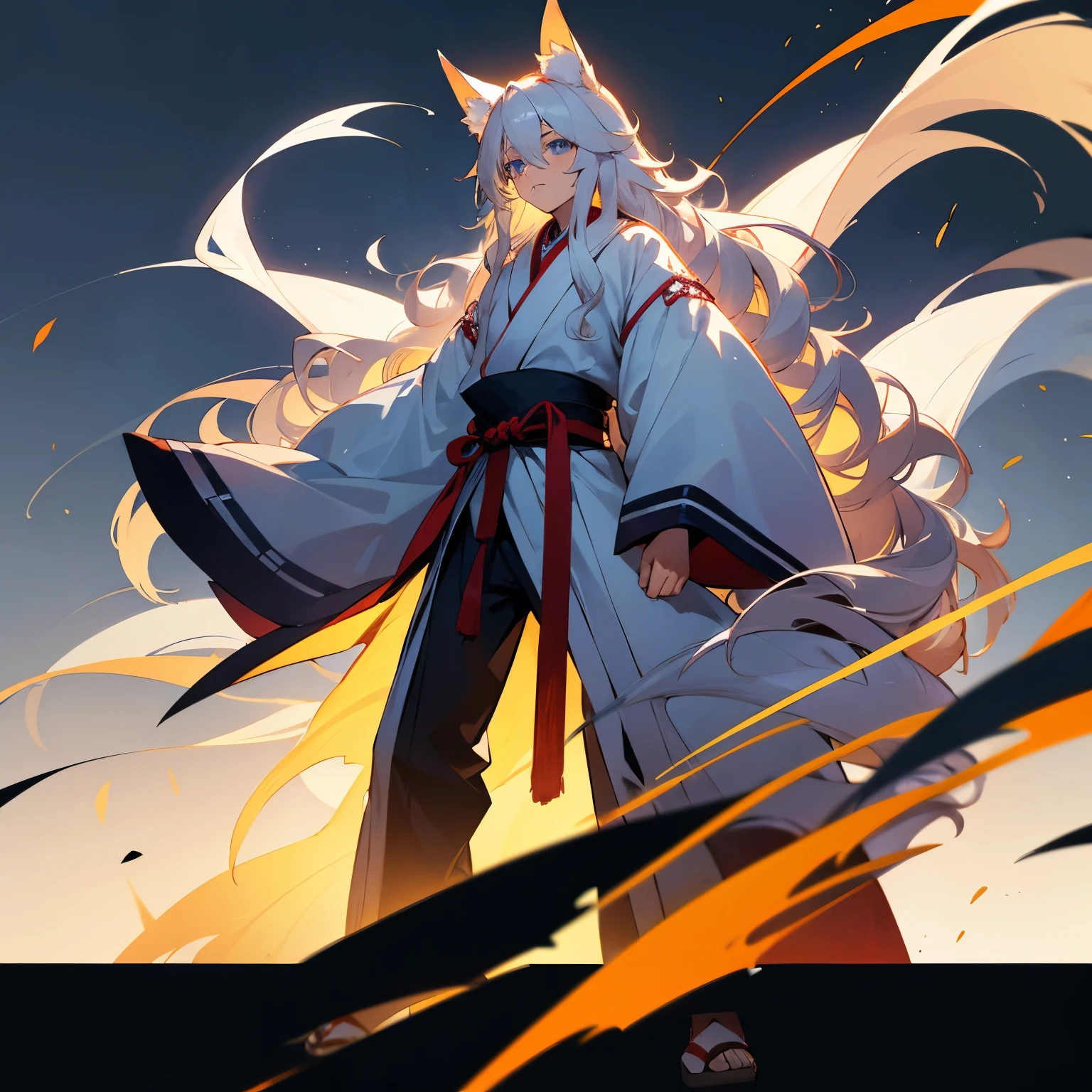 Long White Hair , Wavy Hair , Blue Eyes , Martial Arts Clothing , Old Village Background , Standing on path , Young Male , 1male , lean build , layered clothing , fitted clothing , Kitsune Ears