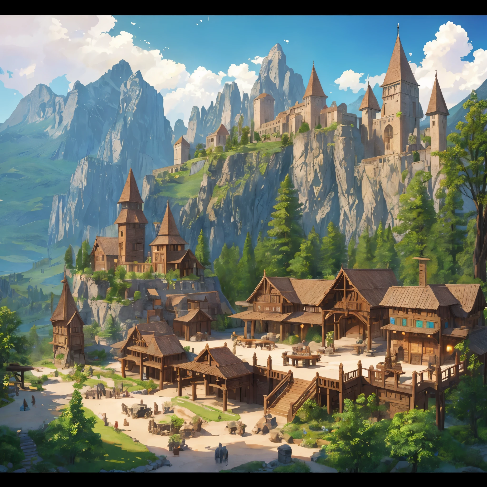 austere fantasy mountain rivers ancient detailed plaza center town hall poor medieval