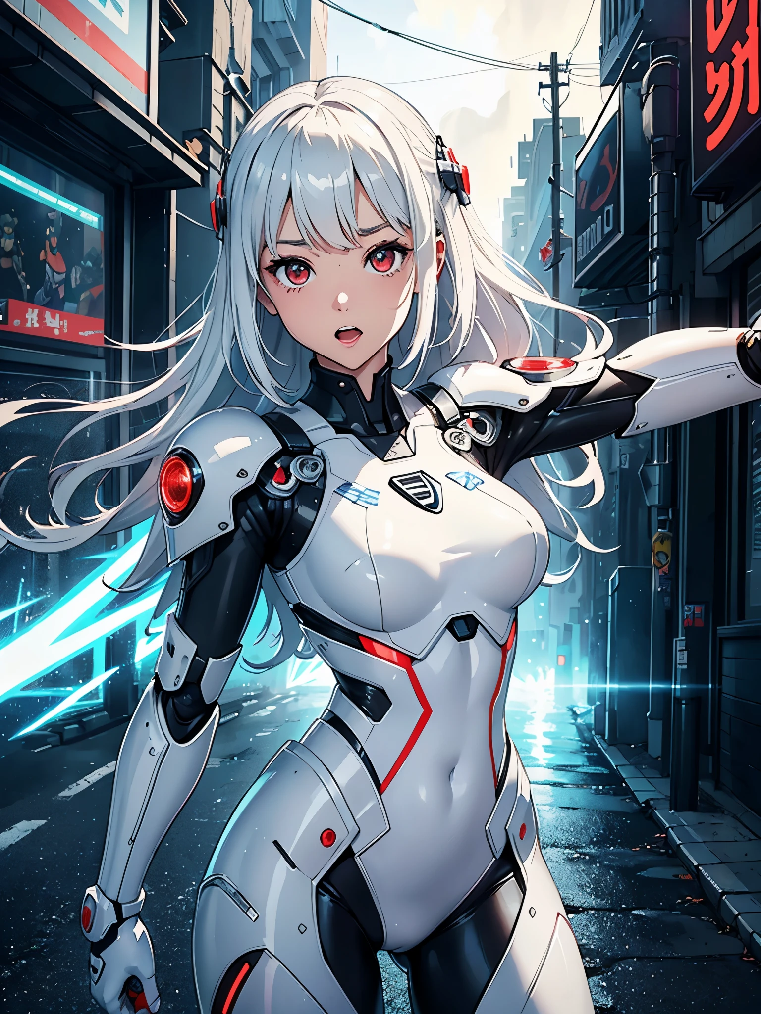 Create digital artwork in pop art style、Features a detailed flat chested girl、((s girl、12 year old))、White skin and beautiful appearance、white wavy hair、Red eyes、mecha clothes、(Robot Girl)、Silver Bodysuit、Silver Dragon Armor、In dynamic poses、Laughing、cyberpunkcity、(Lightning Effects)、Street fashion、Movie color schemes、Surrounded by vintage rain motifs、Vivid brush strokes、Emotions must be dynamic、Upper body、Drawing、Illustration、grayscales、Tropical、a lot of rain、