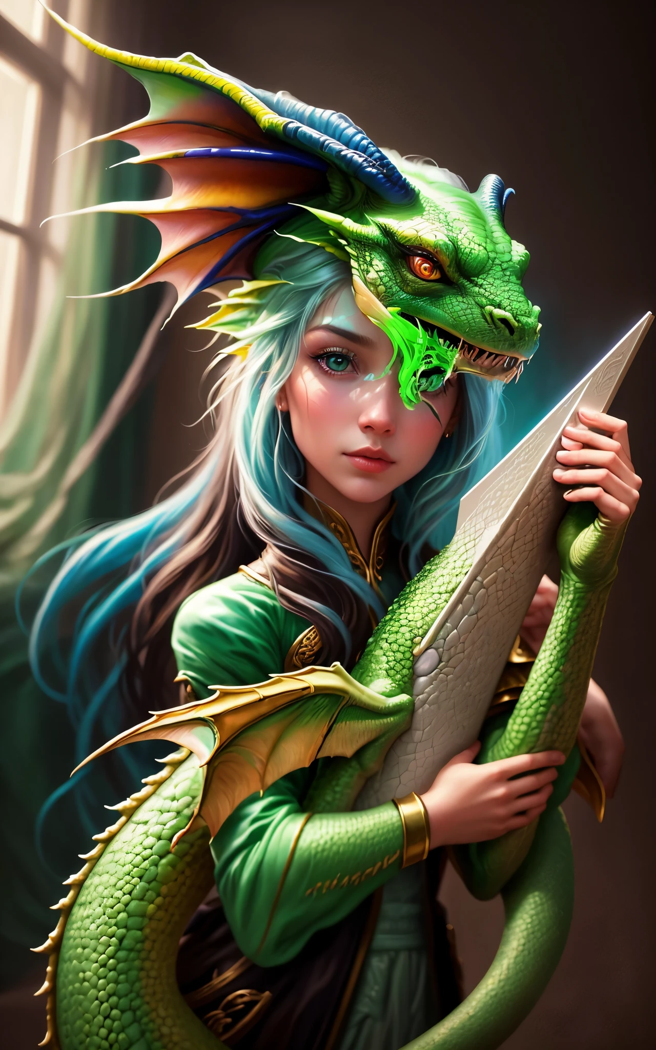 there is a young girl holding a green dragon statue, painting digital adorable, the dragon girl portrait, arte de fantasia hiperrealista, realistic fantasy illustration, pintura de fantasia realista, arte de fantasia realista, retrato da arte da fantasia, Graphic artist Magali Villeneuve, arte digital muito realista, Arte infantil em Artstation, arte digital altamente realista, amazing fantasy art, Magali Villeneuve» create variations of this image