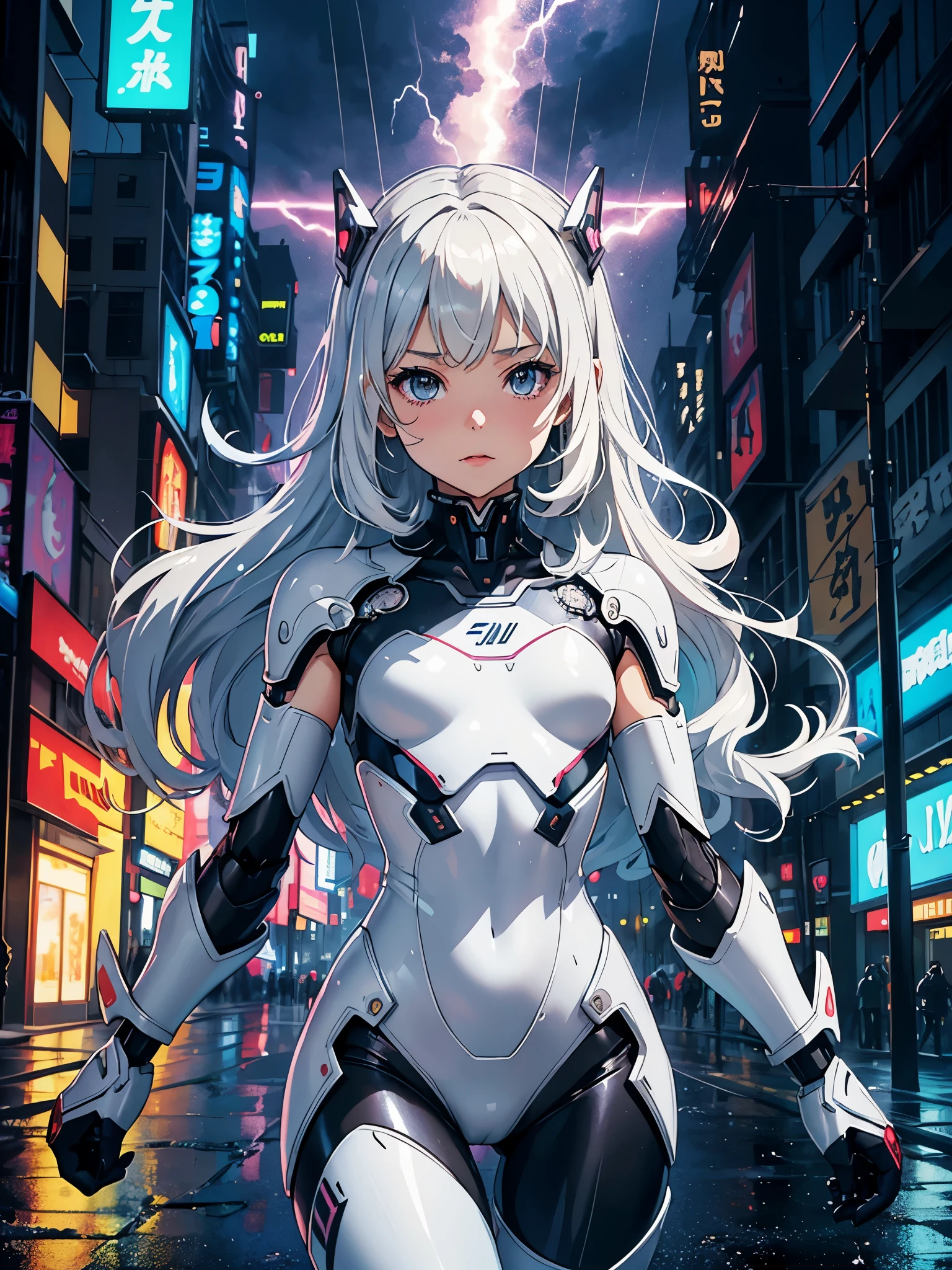 Create digital artwork in pop art style、ディテールが施されたA -yeld gi特徴です、((Lori、Petite、flat chested、A 12-year-o gi、Whitkin and beautiful appearance、white wavy hair、Red eyes、mecha clothes、Robot Girl、Silver Bodysuit、Silver Dragon Armor、In dynamic poses、Laughing、((flat-chest))、cyberpunkcity、(Lightning Effects)、Street fashion、Movie color schemes、Surrounded by vintage rain motifs、Vivid brush strokes、Emotions must be dynamic、Upper body、Drawing、Illustration、grayscales、Tropical、a lot of rain、