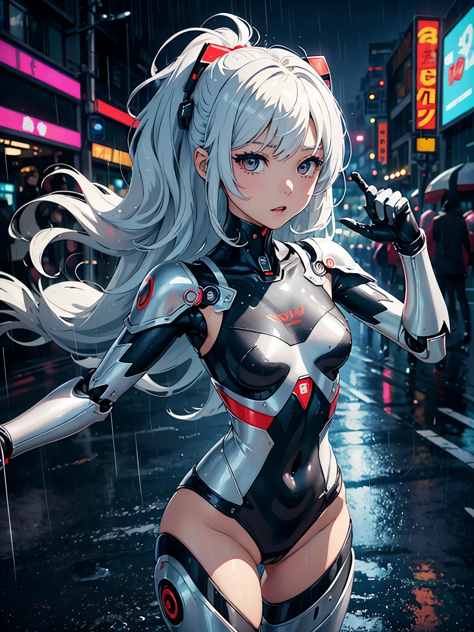 Create digital artwork in pop art style、ディテールが施されたA 12-year-old girlが特徴です、((Lori、Petite、flat chested、A 12-year-old girl))、White skin and beautiful appearance、white wavy hair、Red eyes、mecha clothes、Robot Girl、Silver Bodysuit、Silver Dragon Armor、In dynamic poses、Laughing、((flat-chest))、cyberpunkcity、(Lightning Effects)、Street fashion、Movie color schemes、Surrounded by vintage rain motifs、Vivid brush strokes、Emotions must be dynamic、Upper body、Drawing、Illustration、grayscales、Tropical、a lot of rain、