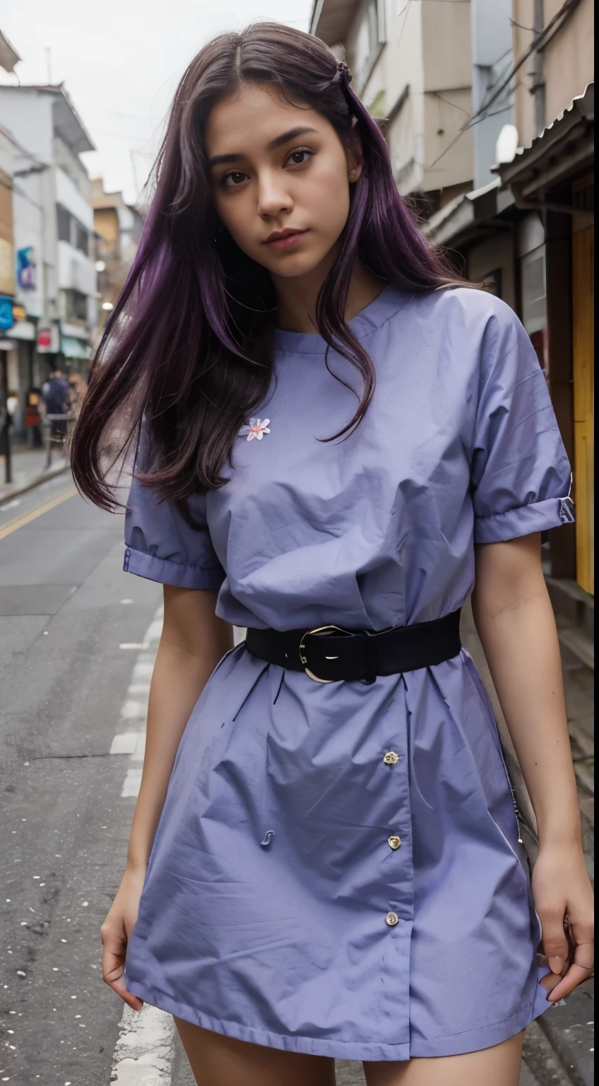 Menina bonita, menina jovem, 23 anos, Cabelo absurdamente longos, cabelo pintado todo de roxo, com um vestido de cor preto, usando um guarda-chuva, mulher japonesa, deusa japonesa, ambiente chuvoso, fundo de chuva forte, apaixonada, realista.