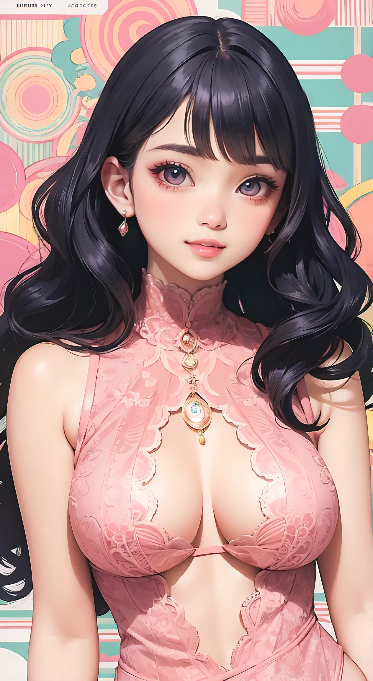 (masterpiece, best quality), full body, wavy hair, assymetrical bangs, intricate lace lingerie, perfect face, beautiful face, alluring, big gorgeous eyes, huge breasts, soft smile, perfect slim fit body, standing pose, contrapposto, beachside, luxury bedroom, bright colors, (risograph)