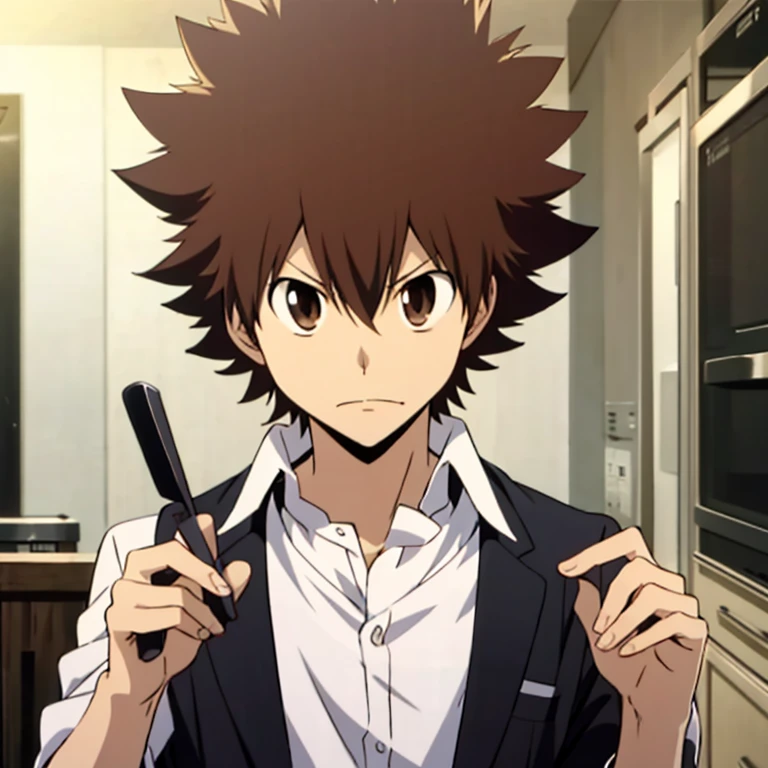 (high-quality, breathtaking),(expressive eyes, perfect face), 1boy, male, solo, brown hair, brown eyes, Sawada Tsunayoshi from Katekyo Hitman Reborn, serious, fire, kitchen, eating lunch,