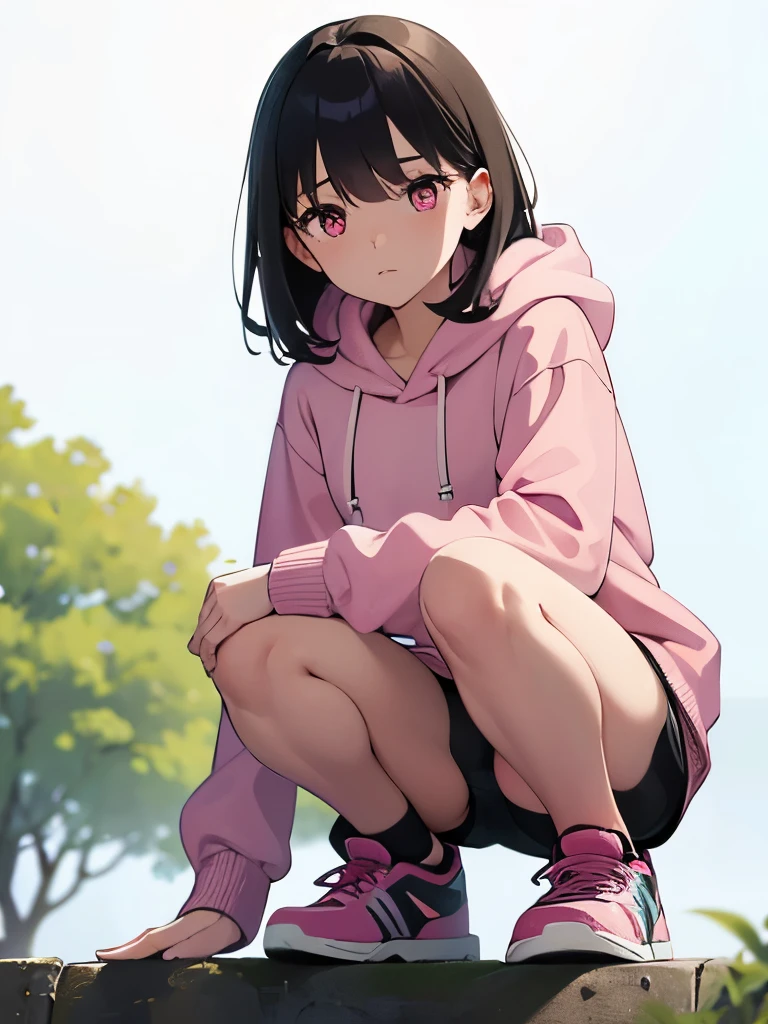 Beautiful soft light, vibrant detail, Anatomical, Exact ratio, Extremely detailed, amazing, finely detail, best quality, high resolution, 1girl, ite, cute, shinny, luster skin, corner of the park, (camo sleeve hoodie), sneakers, crouching, (white panties), black hair, pink eyes, Healthy skin, from below