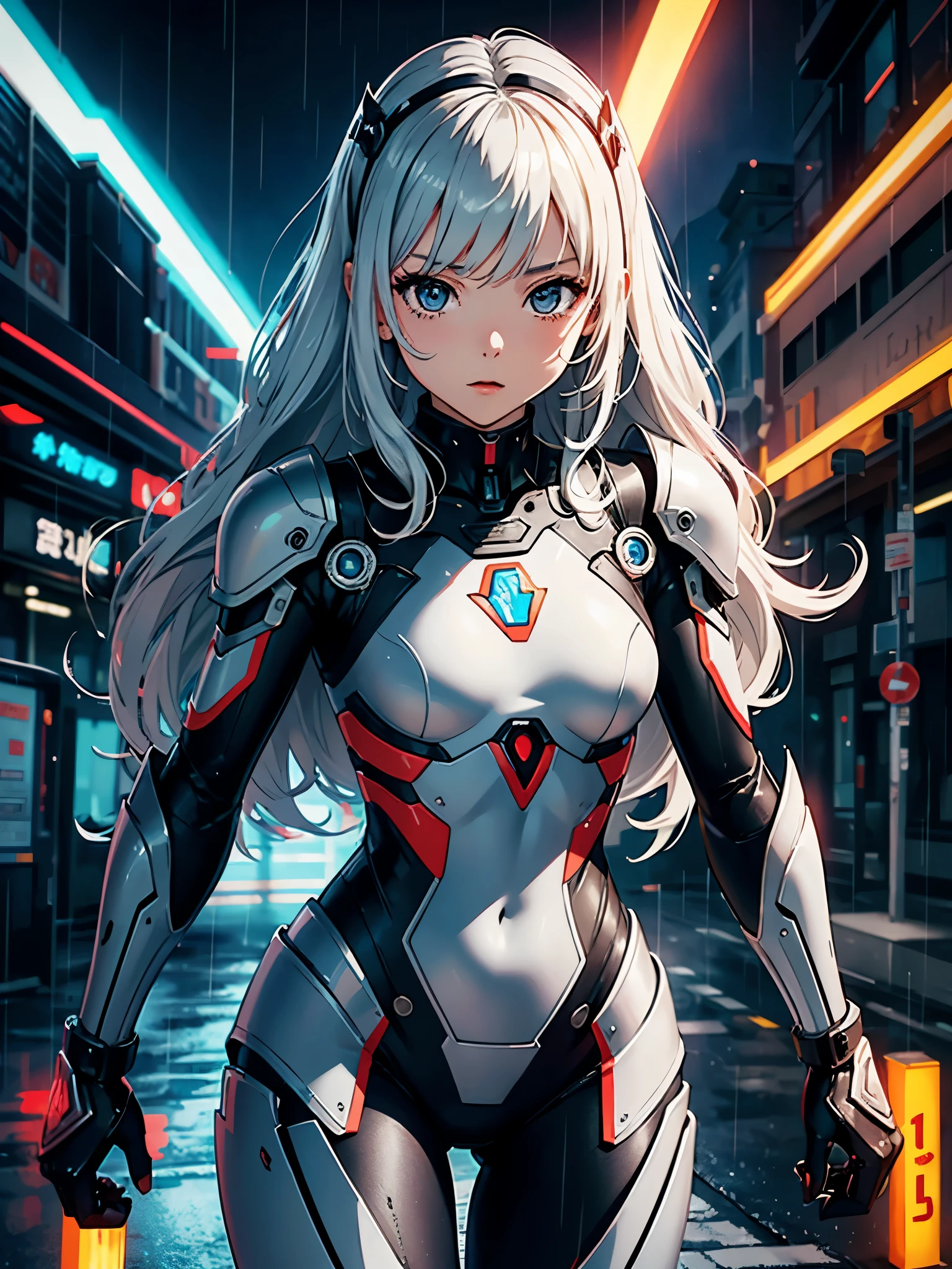 Create digital artwork in pop art style、ディテールが施されたA 12-year-old girlが特徴です、((Lori、Petite、flat chested、A 12-year-old girl))、White skin and beautiful appearance、white wavy hair、Red eyes、mecha clothes、Robot Girl、Silver Bodysuit、Silver Dragon Armor、In dynamic poses、Laughing、((flat-chest))、cyberpunkcity、(Lightning Effects)、Street fashion、Movie color schemes、Surrounded by vintage rain motifs、Vivid brush strokes、Emotions must be dynamic、Upper body、Drawing、Illustration、grayscales、Tropical、a lot of rain、
