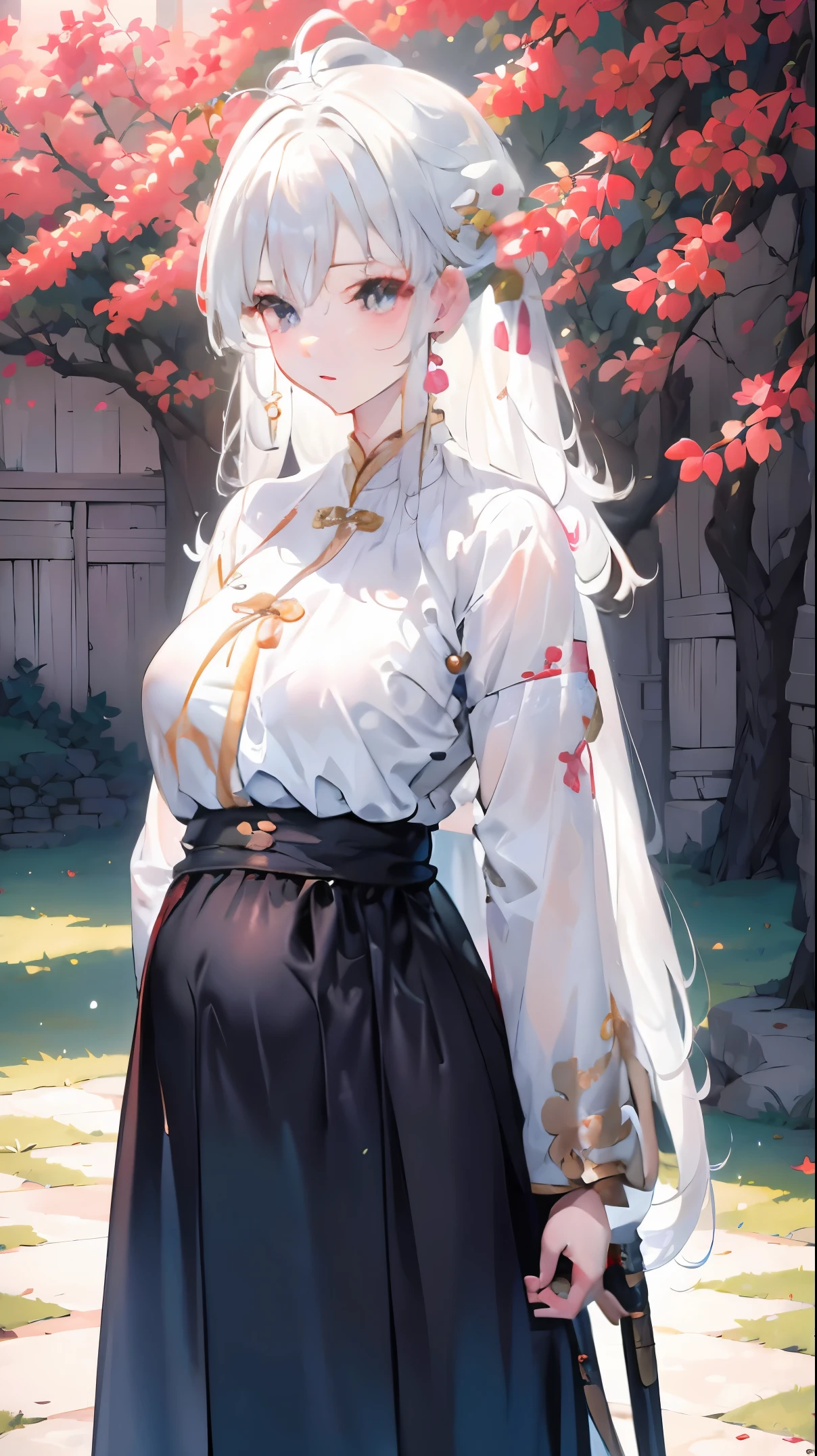 Golden hairpin, white ash hair, black shirt, white skirt, pale face, sweating, heavy breath, blushing, pregnancy  dresest quality:1.2), ultra-detailed,realistic ,portraits, vivid colors, soft lighting, interesting PoV, stocking, straight hair, pregnant, Pregnant  belly, anime girl, solo girl, light blue eyes, Chinese sword, swing sword