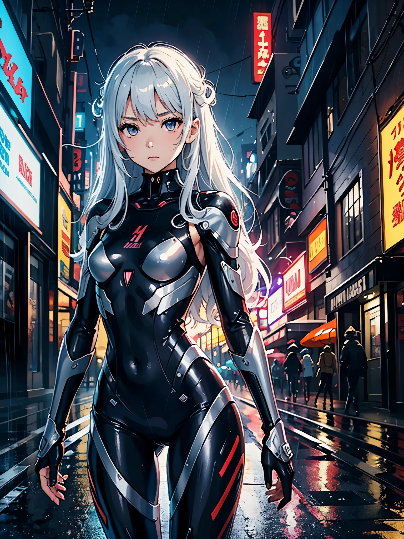 Anime girl in a black and red outfit walking down a street - SeaArt AI