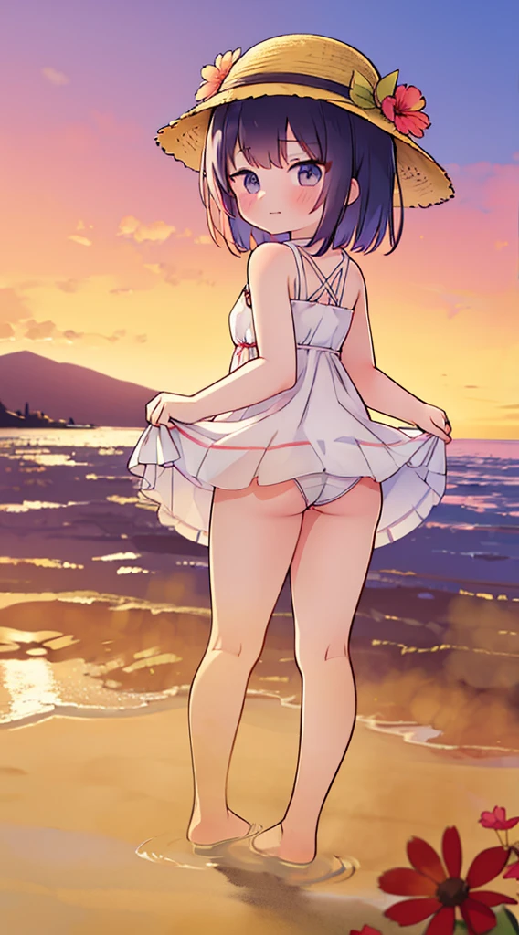 (masutepiece:1.2), (Best Quality:1.3), shallow_Sunset, 1girl in, fart, a straw fedora hat, Swimsuit, Dress, flower