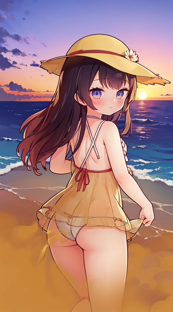 (masutepiece:1.2), (Best Quality:1.3), shallow_Sunset, 1girl in, fart, a straw fedora hat, Swimsuit, Dress, flower