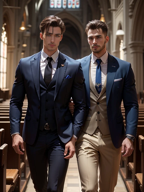 k hd,8K分辨率,professional photoshooting,profesional lighting,two very attractive men,European people,25 age old,Big handsome guy,Blue eyeearded,Brush cut,(ssmile),tall, cool and handsome,cool guy,The two men walked closely together,elegant suit,Impressive appearance,In a luxurious and modern cathedral,The church is full of people,The atmosphere was convivial, perfect and highlight moments of their lives,HUItra cannon,细节Exquisite完美,best quality,Exquisite,The is very detailed。超高分辨率,complex detailed detailed,physically-based renderingt,Good balance,edge lit,lock focus,Realistic photos,photorealistic art,HighDynamicRange,realistic model