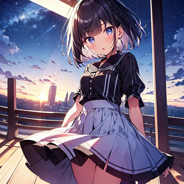 masutepiece, Best Quality,Illustration, Wallpaper, Ultra Detail, absurderes, 1girl in、 (Medium short hair、short braided hair), Beautiful ultra-detailed eyes , Hair fluttering in the wind、nffsw、Smaller head、Beautiful night sky、(a panoramic view:1.5)