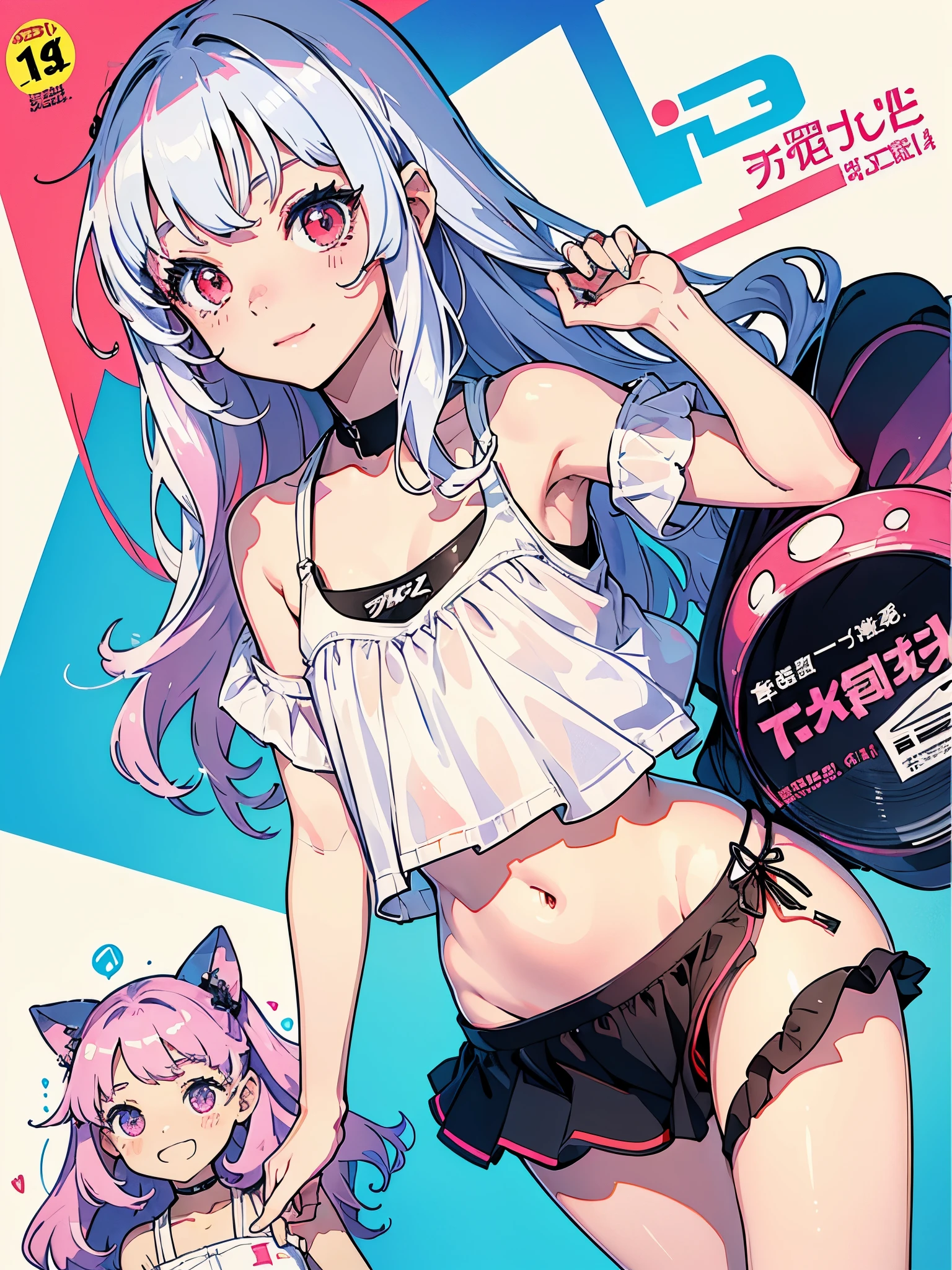 (Superflat, Flat Shading, flat-colors:1.1)、(Magazine Cover)、(Multiple girls)、Illustrations、((Lori、Petite、flat chested、A ))、White skin and beautiful appearance、white wavy hair、Red eyes、Petite、striped crop top、Children's Printed Panties、Smile、Bottom、from behind、colorful stockings、Volumetric lighting、Soft light、Bright、neons、Vibrant colors、watercolor paiting、