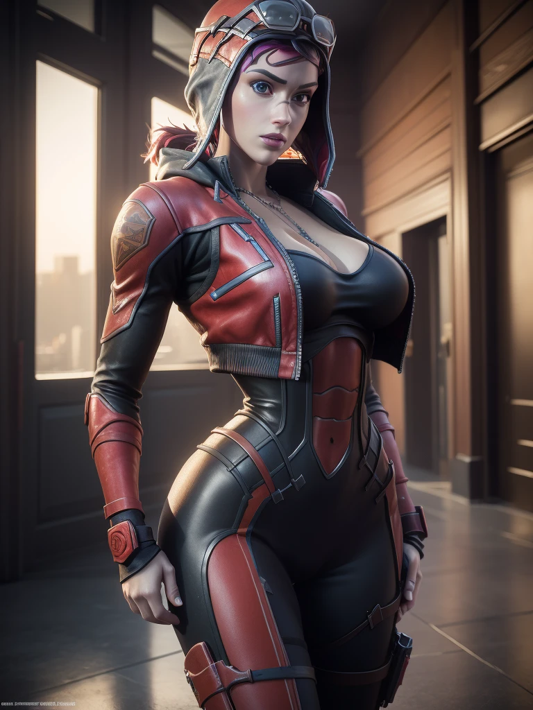 Resident Evil, Apocalyptic city, Christina Hendricks as Claire Redfield, beautiful woman, full body, pale white skin, medium red hair, tight clothing red leather jacket, holster holding a gun, realistic detailed face body clear image Highly detailed CGI 8K, hologram, ( big breast:s1.3), (realism:1.5), (Realisitc:1.4), (Absurdity:1.4), 8k, ultra-detailed, beautiful girl detailed, (1:1.4 only), 1 girl, (Viewer facing:1.2 ), (bright sunny day:1.5), Intricate body details, (short:1.3), (best quality: 1.0), (Ultra Highres): 1.0), highly detailed face and eyes, intricate details of Christina Hendricks physique, (photorealistic: 1.2)