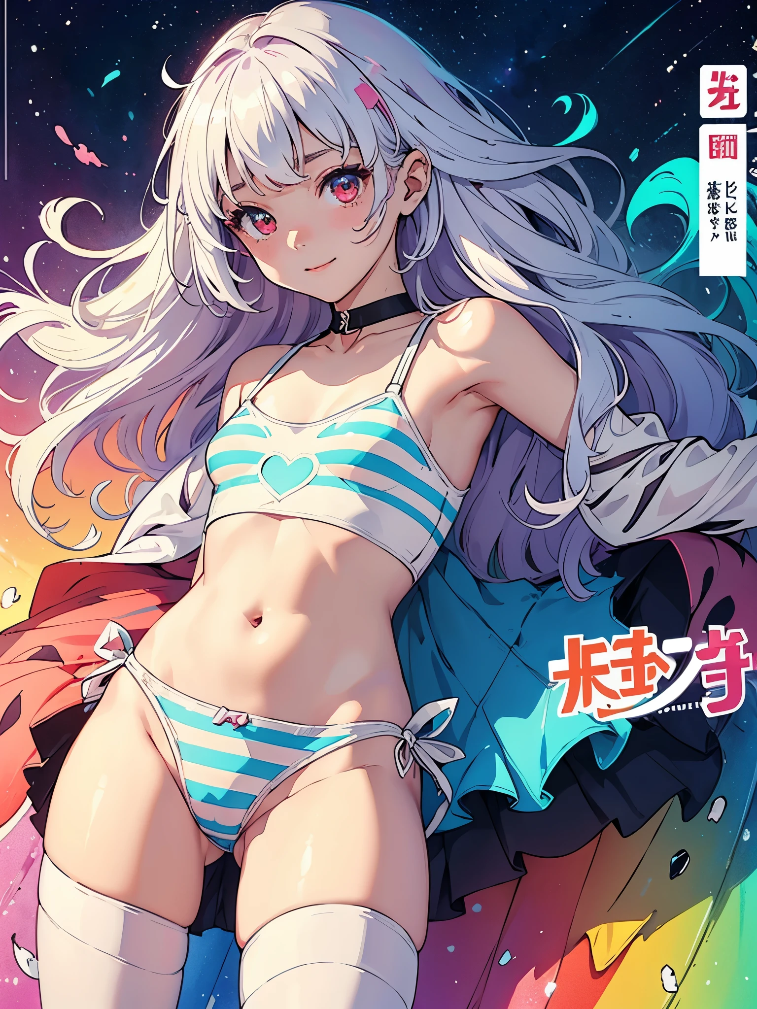 (Superflat, Flat Shading, flat-colors:1.1)、(Magazine Cover)、(Multiple girls)、Illustrations、((Lori、Petite、flat chested、A -yeld gi)、White skin and beautiful appearance、white wavy hair、Red eyes、Petite、striped crop top、Children's Printed Panties、Smile、Bottom、from behind、colorful stockings、Volumetric lighting、Soft light、Bright、neons、Vibrant colors、watercolor paiting、