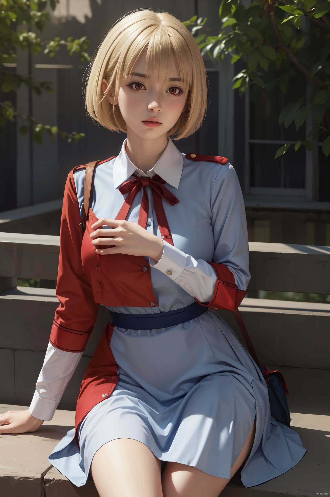 chisatonishikigi, nishikigi chisato, short hair, bangs, blonde hair, (red eyes:1.5), hair band, one side up, bob cut, big boobs, BREAK clothes, long sleeves, dress, ribbon, white shirt, collared shirt, sash, neck band, red dress, blue band, pleated dress, gray dress, two color dress, red sash, lycoris uniform, BREAK outdoors, in the park, BREAK looking at the audience, (cowboy shot: 1.5), BREAK (masterpiece: 1.2), best quality, high resolution, unity 8k wallpapers, (illustrations: 0.8), (beautiful eye details: 1.6), highly detailed faces, perfect lighting, highly detailed CG, (perfect hands, perfect anatomy) , realistic, sit down