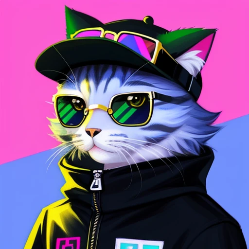 Close-up of a Cat in a black hat and sunglasses, Street Costumes, Beautiful digital art, Adorable Digital Paint, furry art, Hairy Artist, awesome cat, Furry digital art, Anthropomorphic cat, cat wearing hoodie, Beautiful detailed digital art, Furry cat, kawaii art, amazing digital art, Cat in a black hat, furry art!!!, cat design、