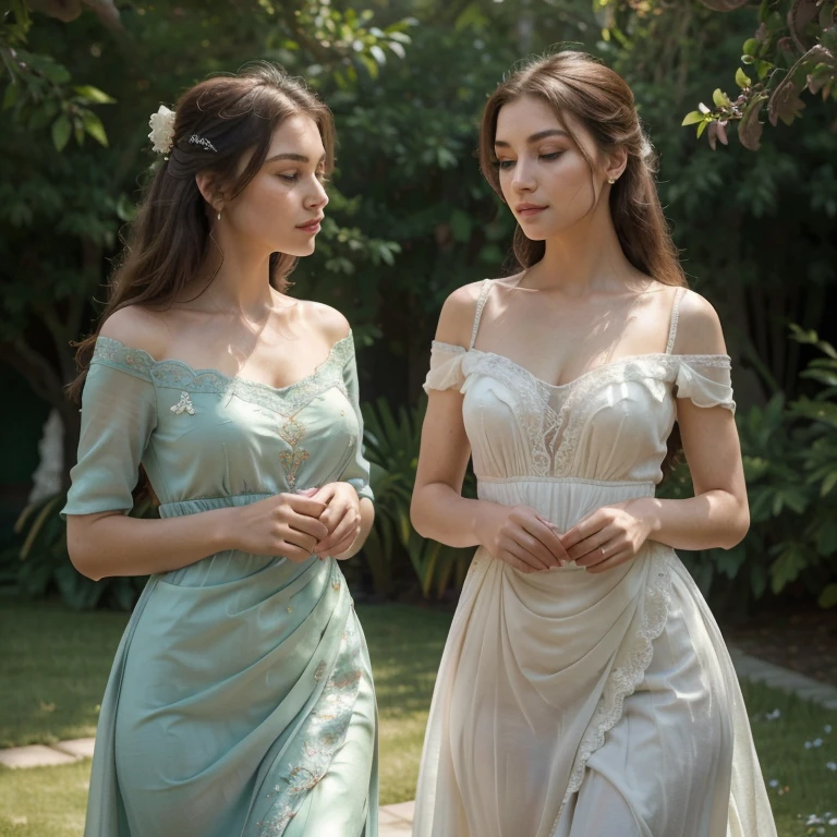 (best quality,4k,8k,highres,masterpiece:1.2),ultra-detailed,(realistic,photorealistic,photo-realistic:1.37),beautiful detailed eyes,beautiful detailed lips,extremely detailed eyes and face,longeyelashes,2girls,medium:oil painting,sparkly sequin texture,gentle breeze blowing through,romantic sunset backdrop,soft sunlight illuminating the scene,vibrant colors,graceful posture,confident and elegant expressions,fine fabric draping beautifully,subtle embroidery on the dress,ornate lace details,delicate jewelry adorning their necks,fresh flowers delicately held in their hands,lush green garden surrounding them,lively butterflies dancing in the air,whisper of blooming roses,pure white doves taking flight,ethereal and dreamlike atmosphere