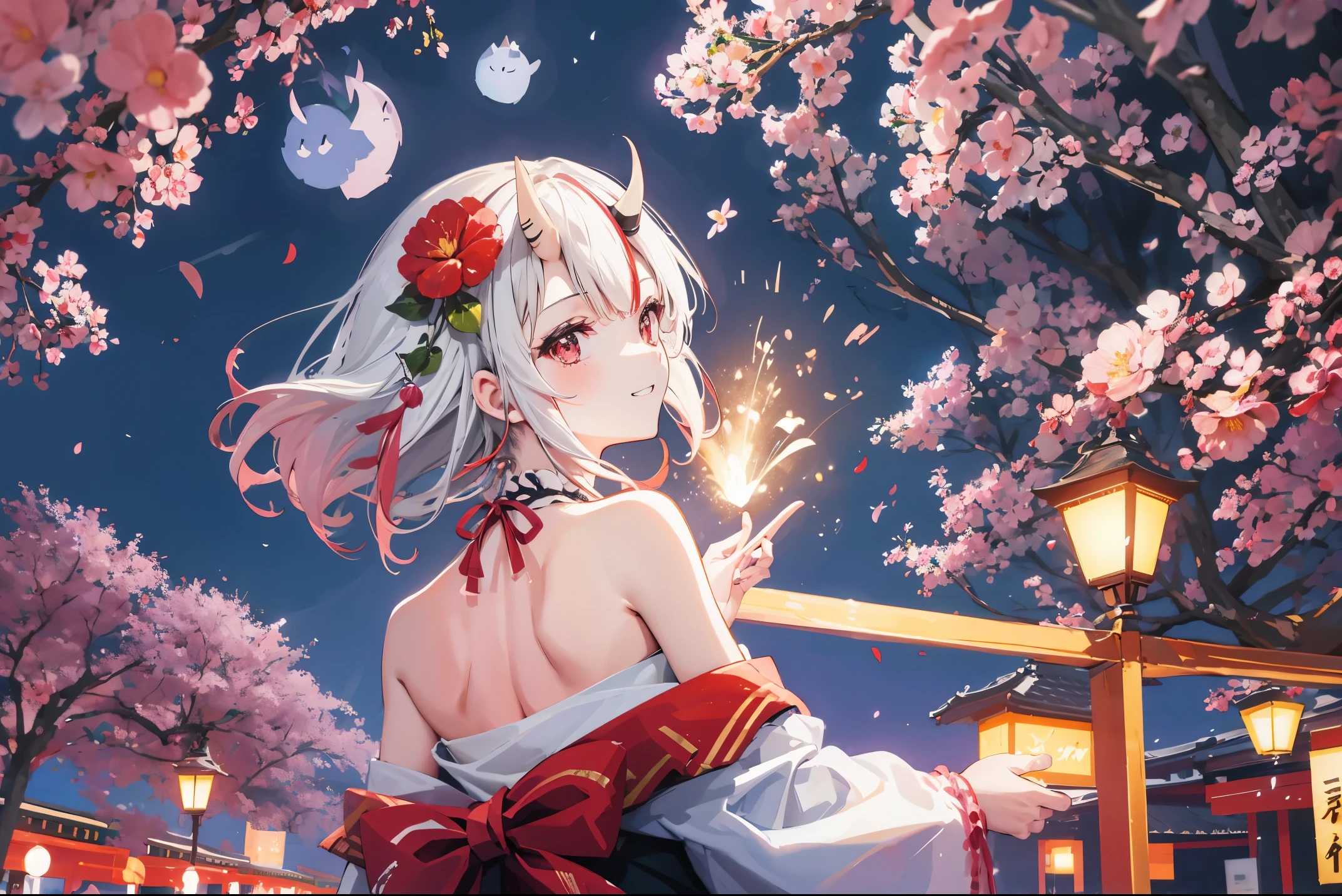 Festival, night, firework, flower, sakura tree, very happy face, back side