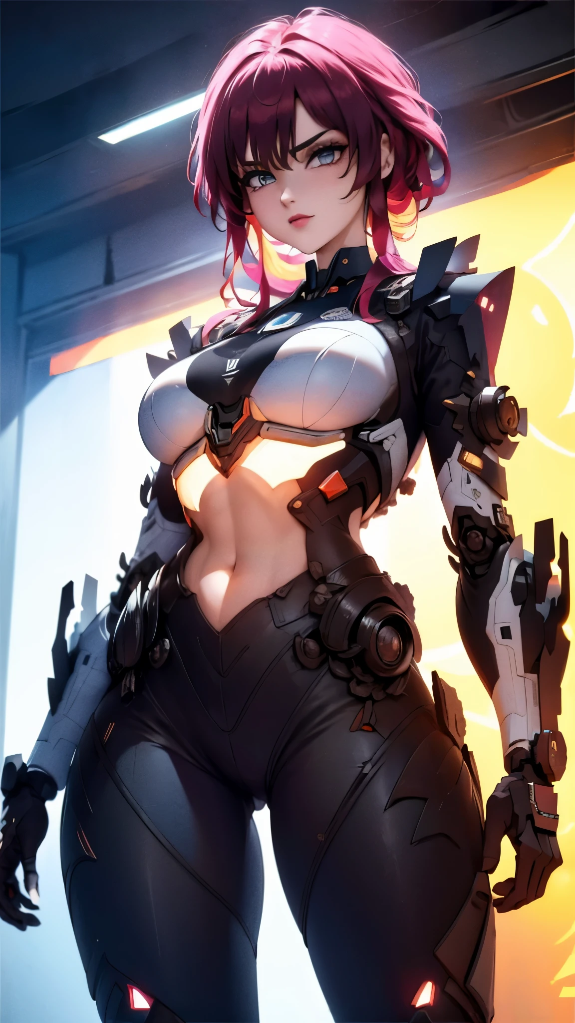 ((masterpiece, best quality)),illustration,ultra detailed 8k,photorealistic,sharp focus,highly detailed,professional lighting,colorful details,iridescent colors BREAK extreme long shot of a factory,large mechanical robot construction,microchip,computer,glowing,intricate details,shitu-mecha,1girl is standing in front of the audience,Navel