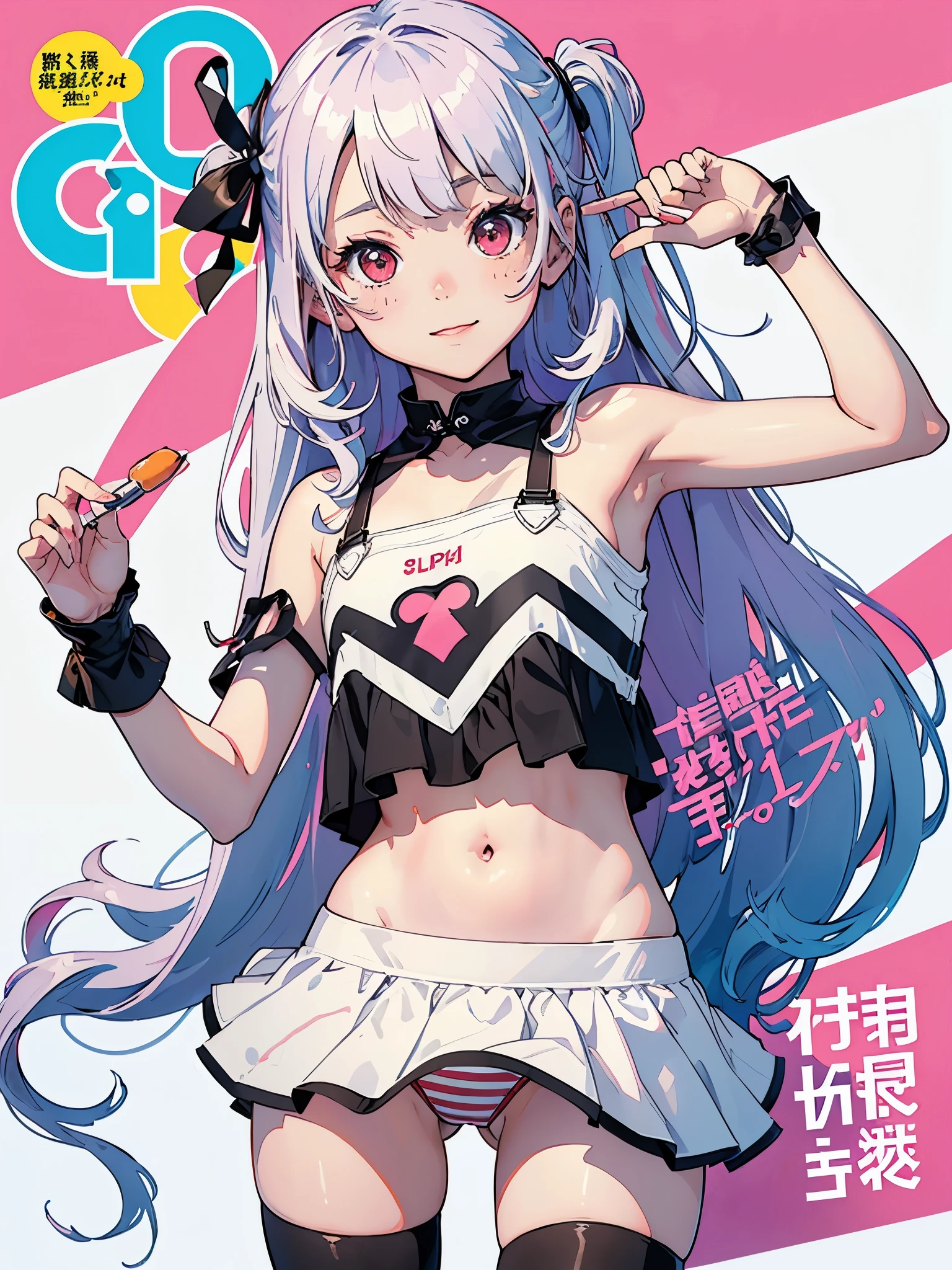 (Superflat, Flat Shading, flat-colors:1.1)、(Magazine Cover)、(Multiple girls)、Illustrations、((Lori、Petite、flat chested、A ))、White skin and beautiful appearance、white wavy hair、Red eyes、Petite、striped crop top、Children's Printed Panties、Smile、Bottom、from behind、colorful stockings、Volumetric lighting、Soft light、Bright、neons、Vibrant colors、watercolor paiting、