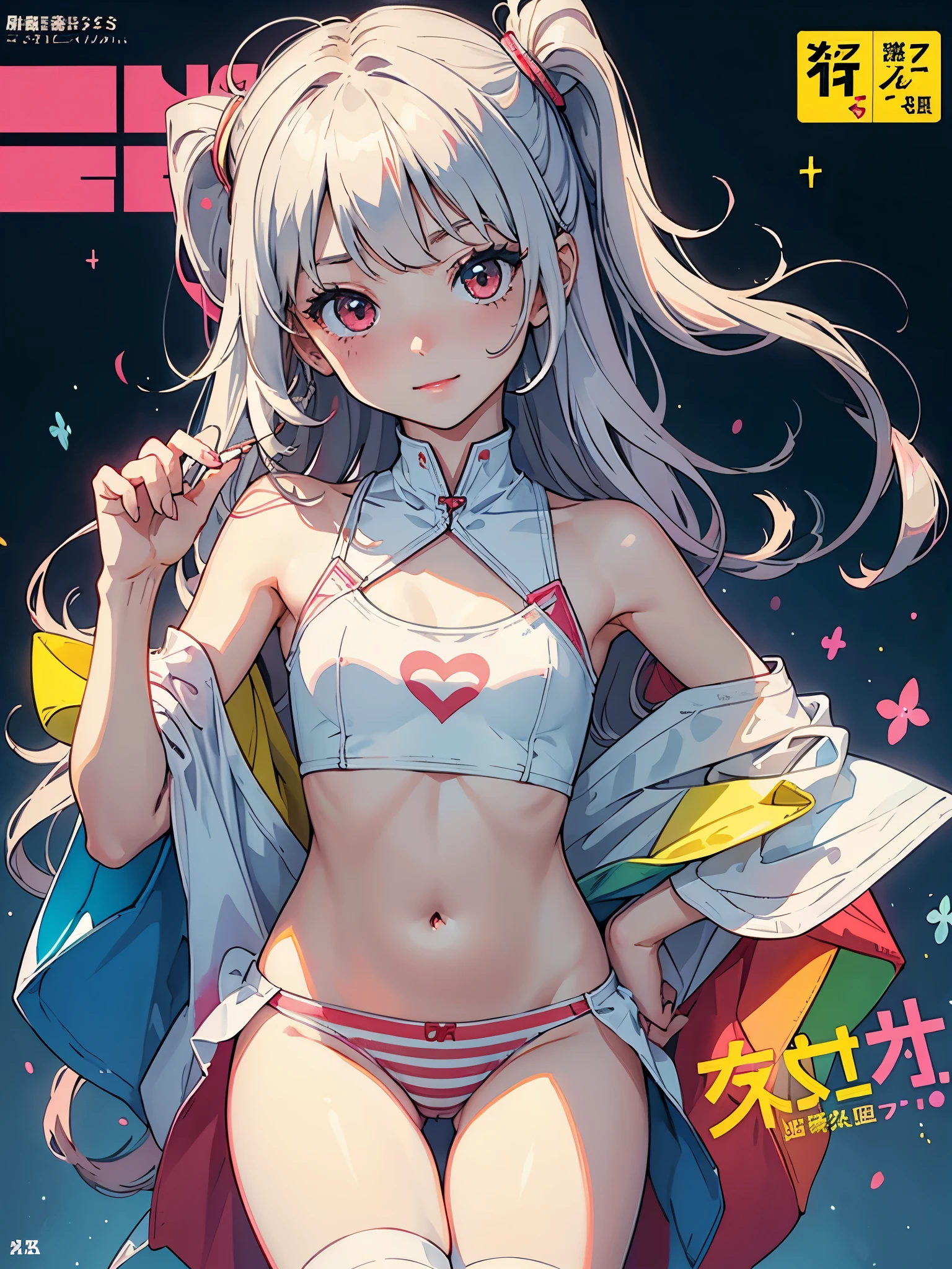 (Superflat, Flat Shading, flat-colors:1.1)、(Magazine Cover)、(Multiple girls)、Illustrations、((Lori、Petite、flat chested、A -yeld gi)、White skin and beautiful appearance、white wavy hair、Red eyes、Petite、striped crop top、Children's Printed Panties、Smile、Bottom、from behind、colorful stockings、Volumetric lighting、Soft light、Bright、neons、Vibrant colors、watercolor paiting、