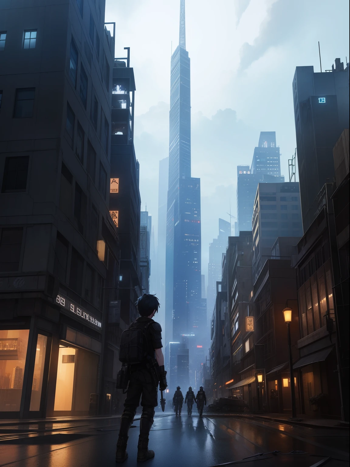 1boys,a 13 year old boy、Post-apocalyptic steampunk boy、The beginning of the adventure、(salama:1.5)、Lots of dark clouds, Metal shards and debris blowing in the wind, 、Movie dystopia、A group of very tall abandoned skyscrapers stands in the center、Very complex cityscape, Signs, Blue light,The Dark Road、Beautiful and dreamy scenery、A cinematic scene、The is very detailed 、8K high-definition, Perfect masterpiece, Best quality at best, Best resolution