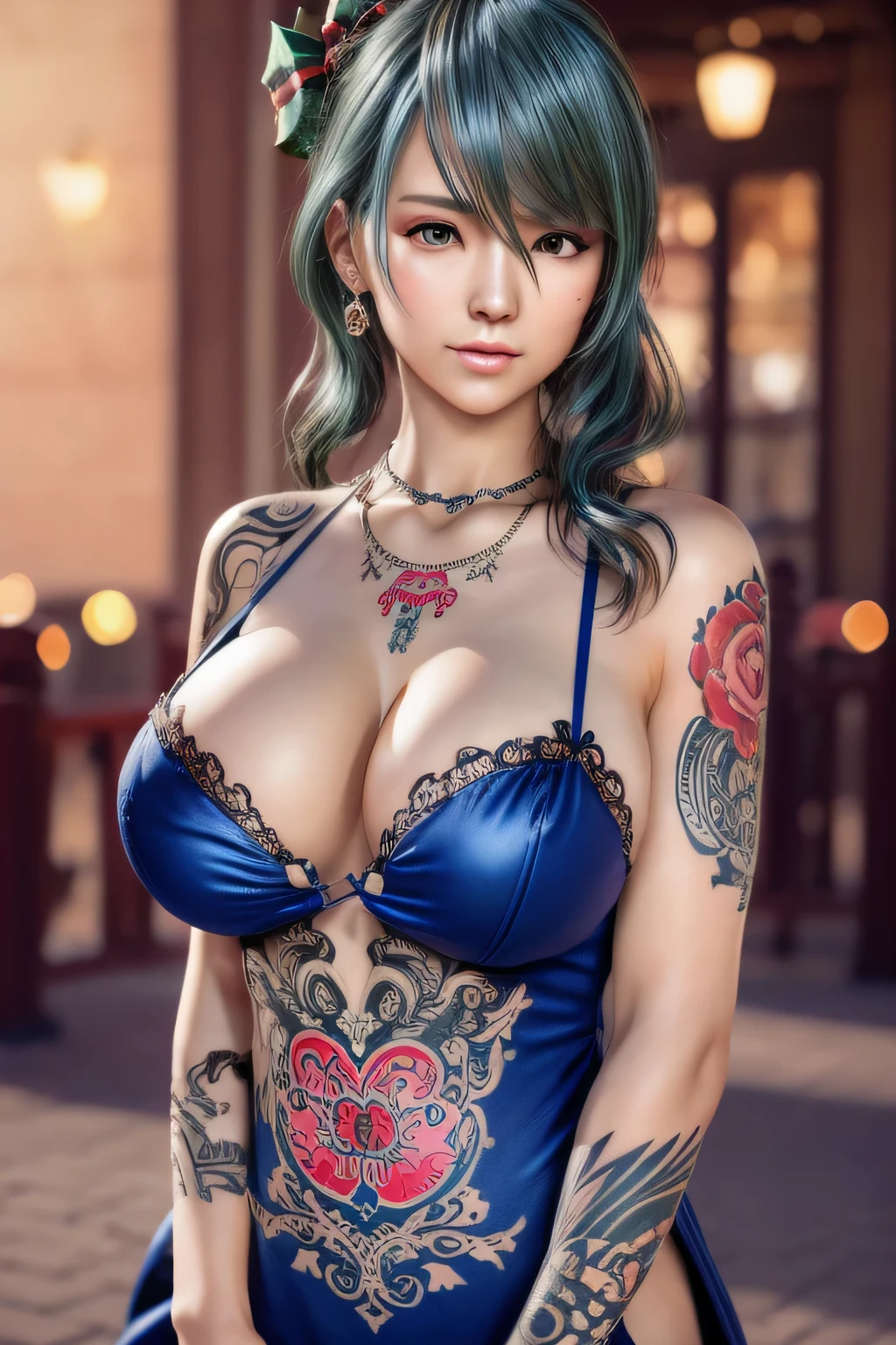 1个Giant Breast Girl,Tamaki,Christmas dresses,jewely,(fashionably_Tattooed with),鎖骨,(gigantic cleavage breasts),(tmasterpiece), Best quality at best,(of a real:1.4), Detailed pubic hair,8K，number art,Detailed pubic hair头发,Detailed pubic hair脸, of a real fingers,depth of fields,