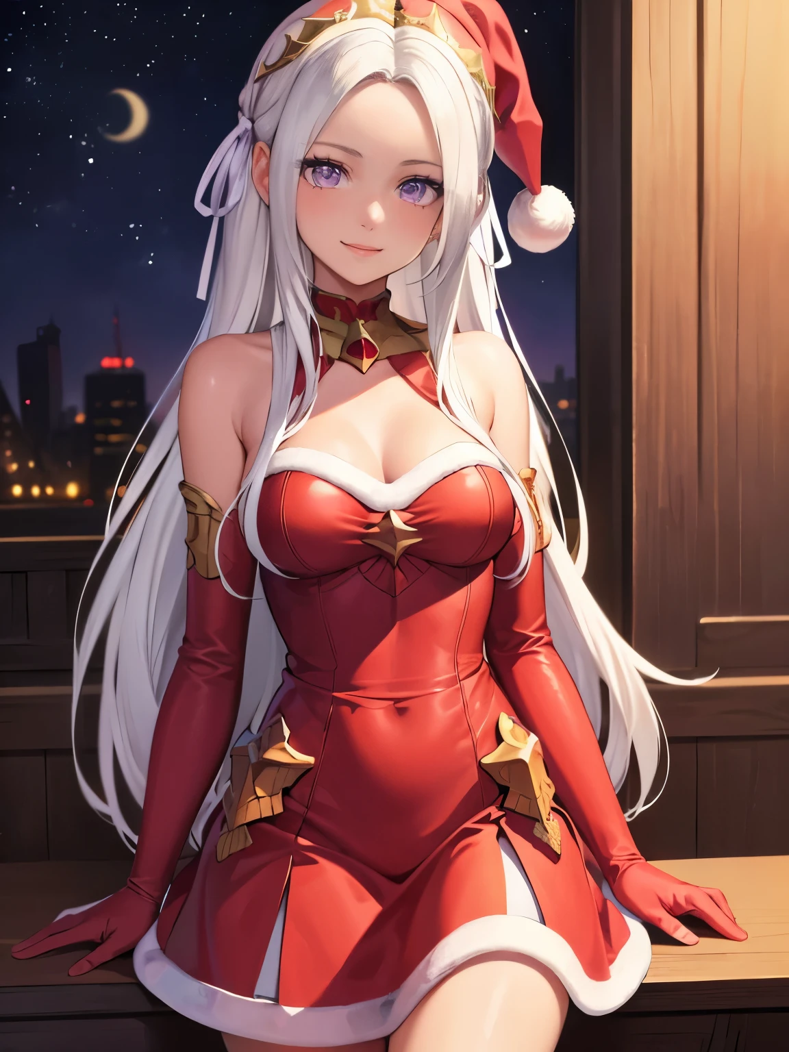 1girl, solo, masterpiece, best quality, high res, highly detailed, (illustration), beautiful detailed eyes, edelgard_academy, hair ribbon, long hair, white hair, purple eyes ,glossy lips, makeup, smile, long white satin elbow gloves, cowboy shot, (santa), red santa dress, santa hat, strapless dress