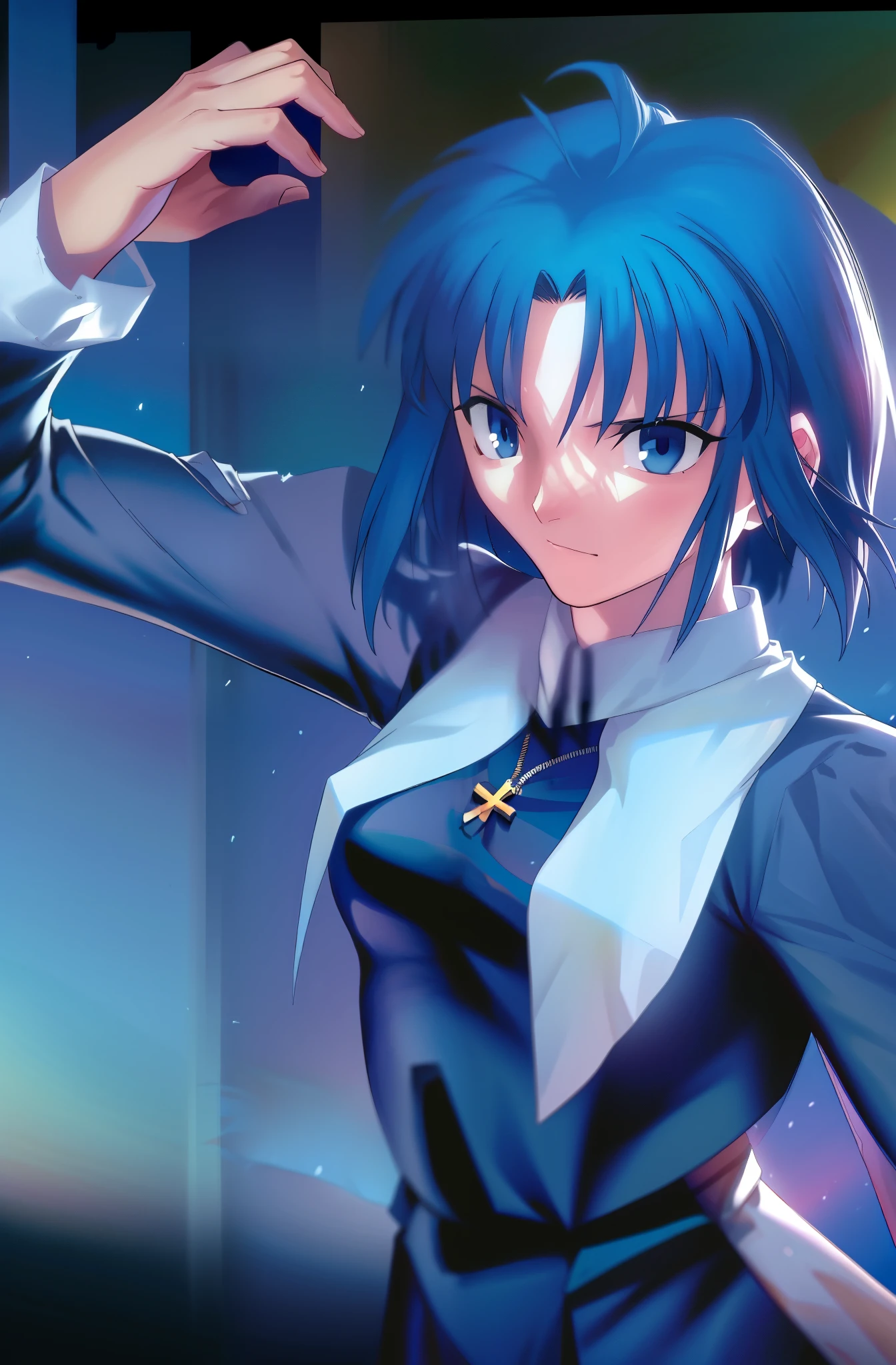 (best quality, 4k, 8k, highres,m asterpiece:1.2), (ultra-detailed:1.6), (realistic,photorealistic,photo-realistic:1.37), slender figure, (soft, delicate features:1.1), (vivid colors), (artistic composition:1.1), ciel_(tsukihime), cowboy shot, 1girl, solo, long sleeves black dress, habit open, sad, looking at viewer, antenna hair, (ahoge:1), closed mouth, fingernails, breasts, medium breasts, cross, latin cross, cross, holding, necklace, nun,
