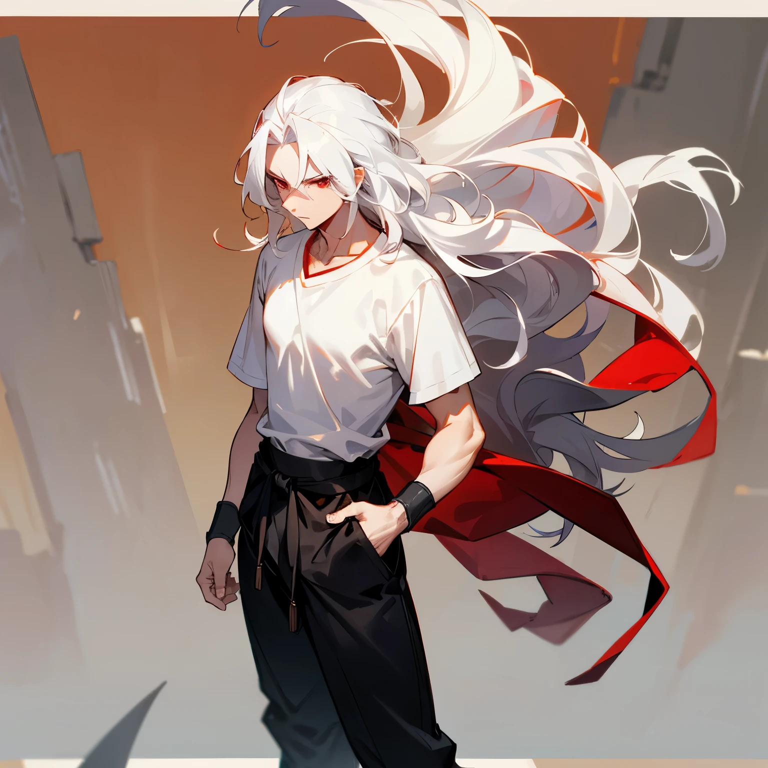 Long White Hair, Spiky Hair , Wavy Hair, Red Eyes , Martial Arts Clothing , Old Village Background , Standing on path , Young Male , 1male , lean build , White T-Shirt , Black Wristbands , Black Baggy Pants
