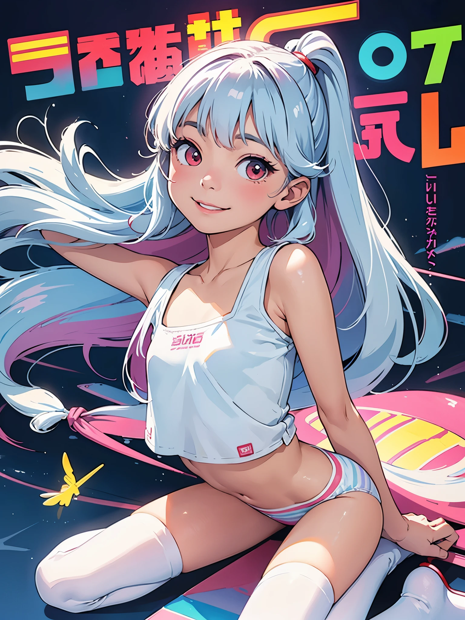 (Superflat, Flat Shading, flat-colors:1.1)、(Magazine Cover)、(Multiple girls)、Illustrations、((Lori、Petite、flat chested、A -yeld gi)、White skin and beautiful appearance、white wavy hair、Red eyes、Petite、striped crop top、Children's Printed Panties、Smile、Bottom、from behind、colorful stockings、Volumetric lighting、Soft light、Bright、neons、Vibrant colors、watercolor paiting、