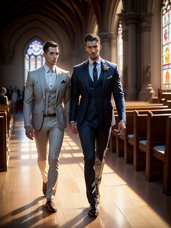 k hd,8K分辨率,professional photoshooting,profesional lighting,two very attractive men,(Handsome(brunette),European people,25 age old,Big handsome guy,twincest,Blue eyeearded,Brush cut,(ssmile),tall, cool and handsome,cool guy,The two men walked closely together,elegant suit,Impressive appearance,In a luxurious and modern cathedral,The church is full of people,The atmosphere was convivial, perfect and highlight moments of their lives,HUItra cannon,细节Exquisite完美,best quality,Exquisite,The is very detailed。超高分辨率,complex detailed detailed,physically-based renderingt,Good balance,edge lit,lock focus,Realistic photos,photorealistic art,HighDynamicRange,realistic model