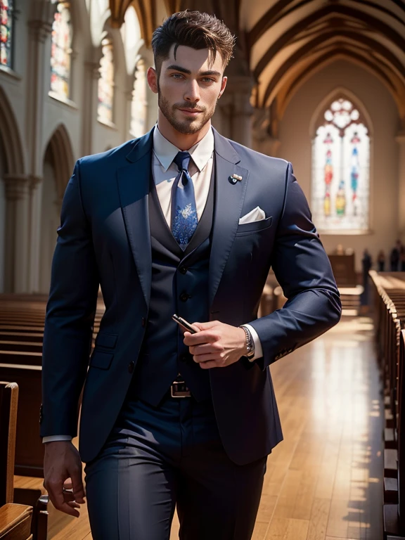 k hd，8K分辨率，professional photoshooting，profesional lighting，two very attractive men，(Handsome(brunette)，European people，25 age old，Big handsome guy，twincest，Blue eyeearded，Brush cut，(ssmile)，tall, cool and handsome，cool guy，The two men walked closely together，elegant suit，Impressive appearance，In a luxurious and modern cathedral，The church is full of people，The atmosphere was convivial, perfect and highlight moments of their lives，HUItra cannon，细节Exquisite完美，best quality，Exquisite，The is very detailed。超高分辨率，complex detailed detailed，physically-based renderingt，Good balance，edge lit，lock focus，Realistic photos，photorealistic  art，HighDynamicRange，realistic model