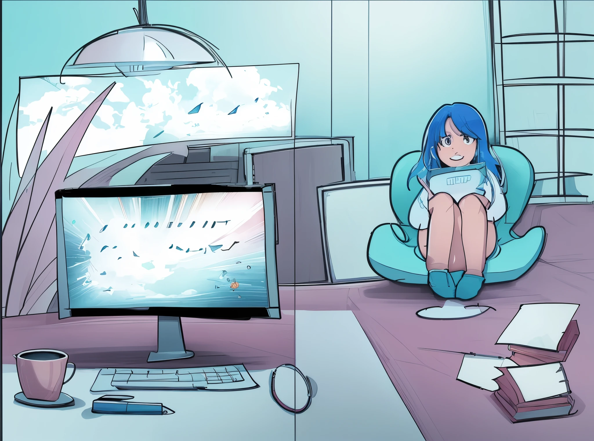 Cartoon of a woman sitting on a chair in front of a computer, storyboardinging, animatic, storyboarding, Keyframe illustration, whole page illustration, webcomic, animated still, comic illustration, hand drawn animation, Sitting in front of a computer, comic drawing, Sitting in front of a computerいる, Computer drawing, hand drawn animation, portfolio illustrations, Comic Panel