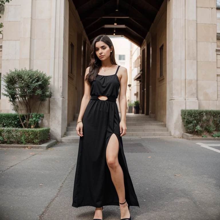 A woman with sleek, dark brown hair wearing a sophisticated black evening gown walks down a narrow Parisian alleyway at night. The cobblestone street glistens from recent rain, and the warm glow of street lamps reflects off the wet pavement. She moves gracefully, her gown flowing behind her, with the iconic Parisian architecture providing an elegant backdrop.