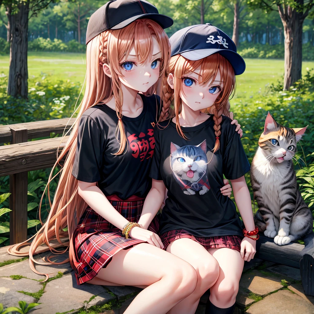 red blonde、blue eyess、Braids、one good looking girl、独奏、animesque、Plaid miniskirt、Black T-shirt、camisole、the woods、Sunlight、sitting on、Wearing a plaid baseball cap、bare-legged、small bracelet、Tilting your face、Hugging a cat、glaring