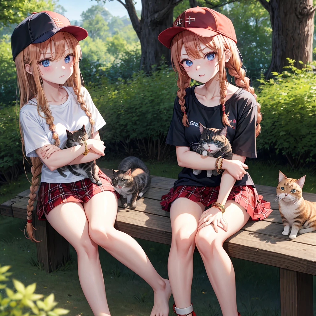 red blonde、blue eyess、Braids、one good looking girl、独奏、animesque、Plaid miniskirt、Black T-shirt、camisole、the woods、Sunlight、sitting on、Wearing a plaid baseball cap、bare-legged、small bracelet、Tilting your face、Hugging a cat、glaring