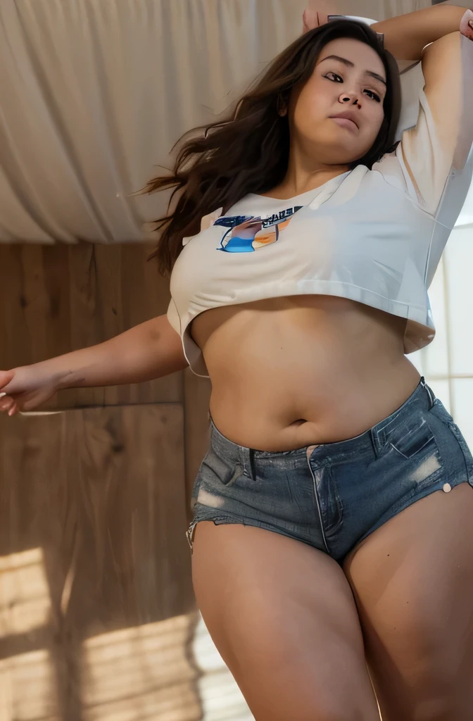 (best quality,ultra-detailed,highres,masterpiece:1.2),portraits,studio lighting,realistic chubby half hawaiian woman,sharp focus,(taking off oversize t-shirt hanging loosely:1.2),[no bra],vivid colors,physically-based rendering, mousy features, small nose, large half-moon beautiful eyes, (ample chubby plump belly:1.2), long natural hair, (smirking), (flirting),wide face, (full body photo:1.5), light makeup, (tiny short crop top blowing in the wind:1.2), (visible underboob:1.3), (realistic detailed skin), (realistic detailed eyes), (looking up from under body perspective:1.4)