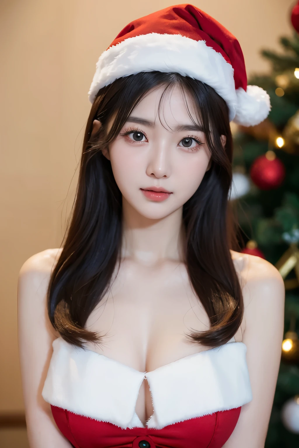 （Best quality，8K，tmasterpiece：1.3）Cute and lovely Korean girl，Wearing red santa hat，Next to Christmas tree background，her eyes sparkle，clear round pupils，Delicate double eyelids，Long eyelashes，Her face is full of shyness，her face is happy。The unique charm of a plump bust。