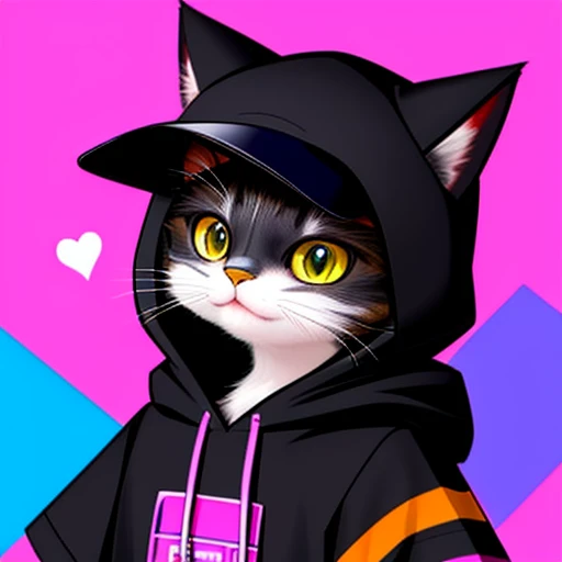 Close-up of a Cat in a black hat and sunglasses, Street Costumes, Beautiful digital art, Adorable Digital Paint, furry art, Hairy Artist, awesome cat, Furry digital art, Anthropomorphic cat, cat wearing hoodie, Beautiful detailed digital art, Furry cat, kawaii art, amazing digital art, Cat in a black hat, furry art!!!, cat design、Wearing a hood